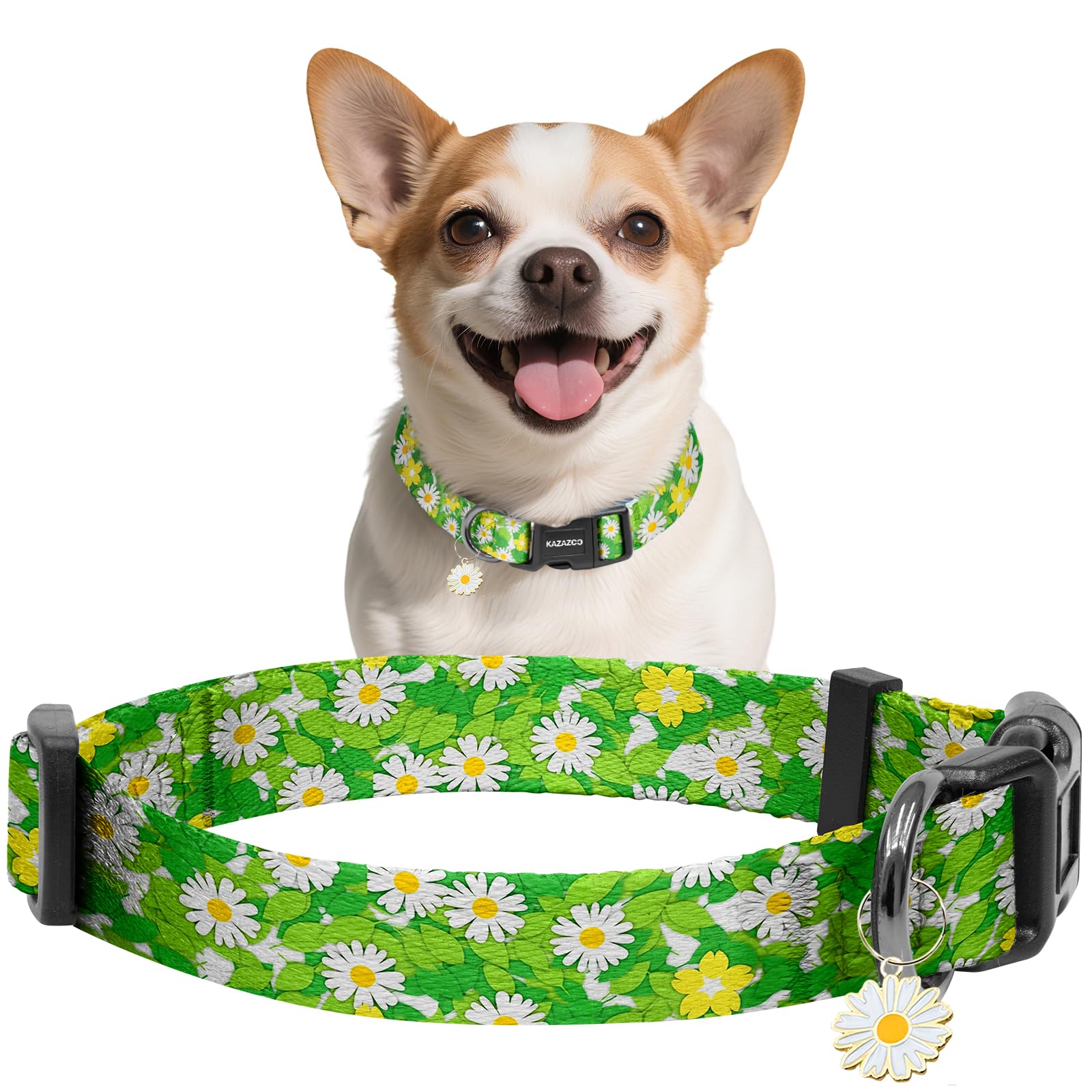 Kazazoo Dog Collar Cute and Soft Nylon Puppy Collar for Boy and Girl Dogs, Adjustable Dog Collars for Extra Small Dogs, Green Daisy-XS