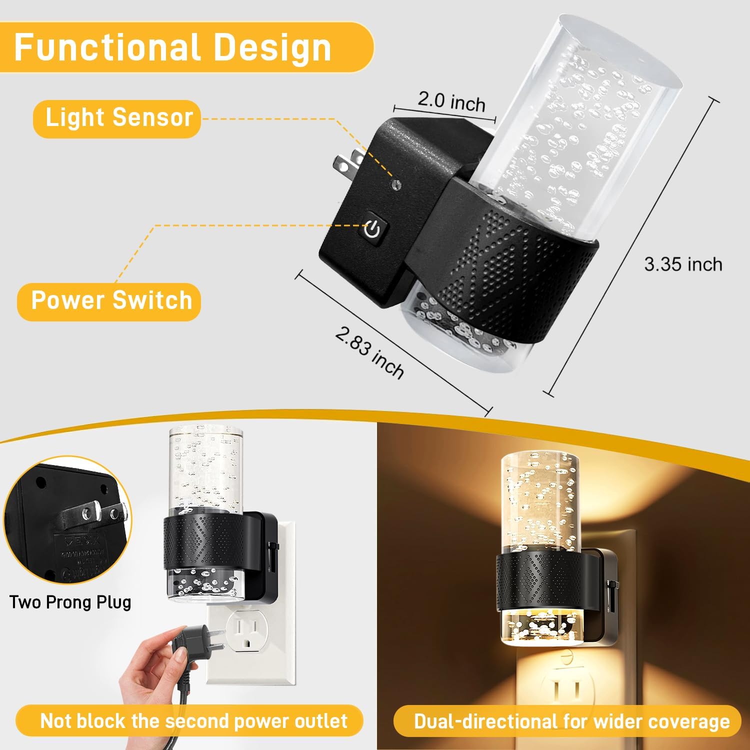 Night Lights Plug into Wall - Dimmable Nightlight with Dusk to Dawn Sensor 0-100 LM Brightness Plug in Night Light for Bathroom Bedroom Hallway (Black)