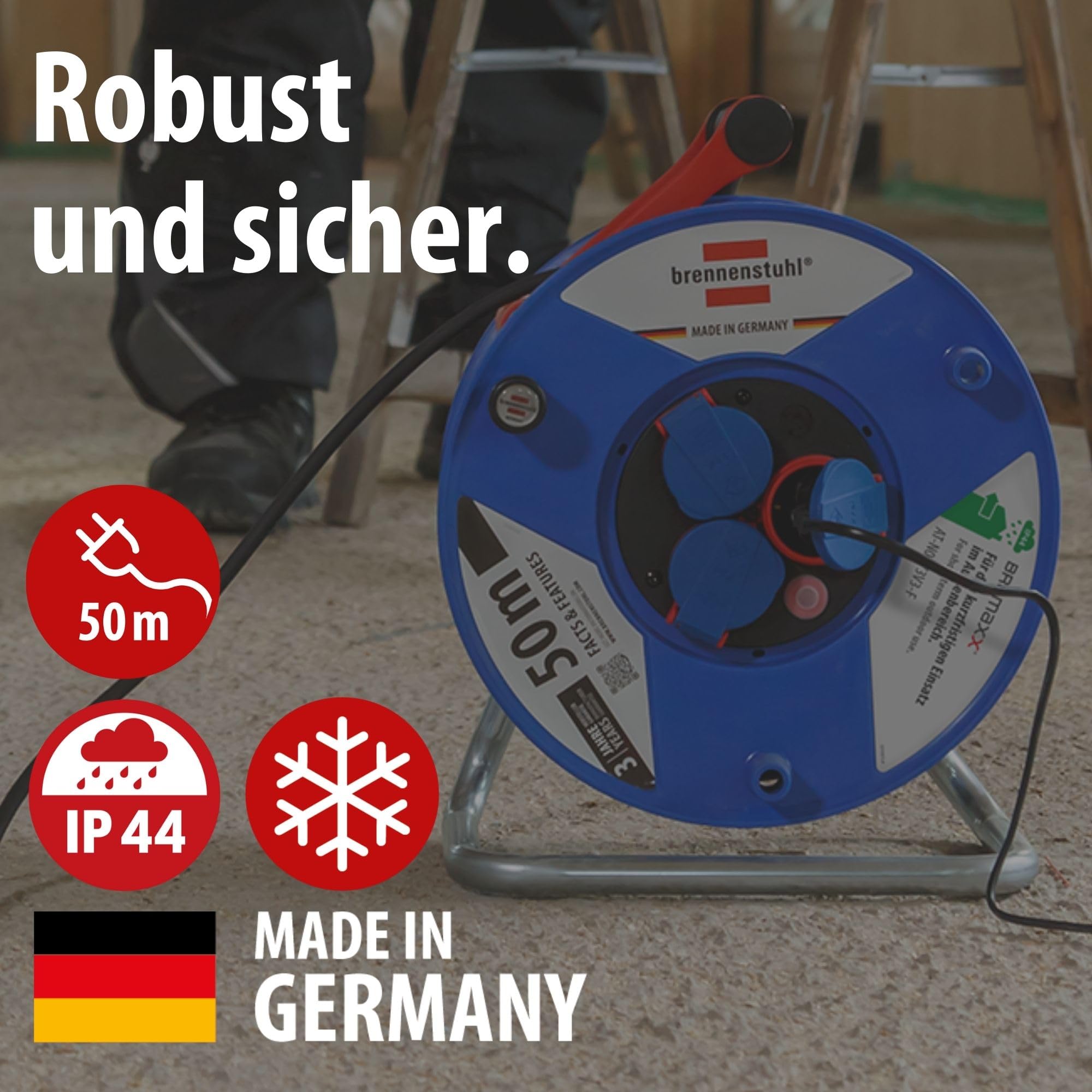 Brennenstuhl Garant IP44 Kabeltrommel (50m, Spezialkunststoff, kurzfristiger Einsatz im Außenbereich, Made in Germany) blau