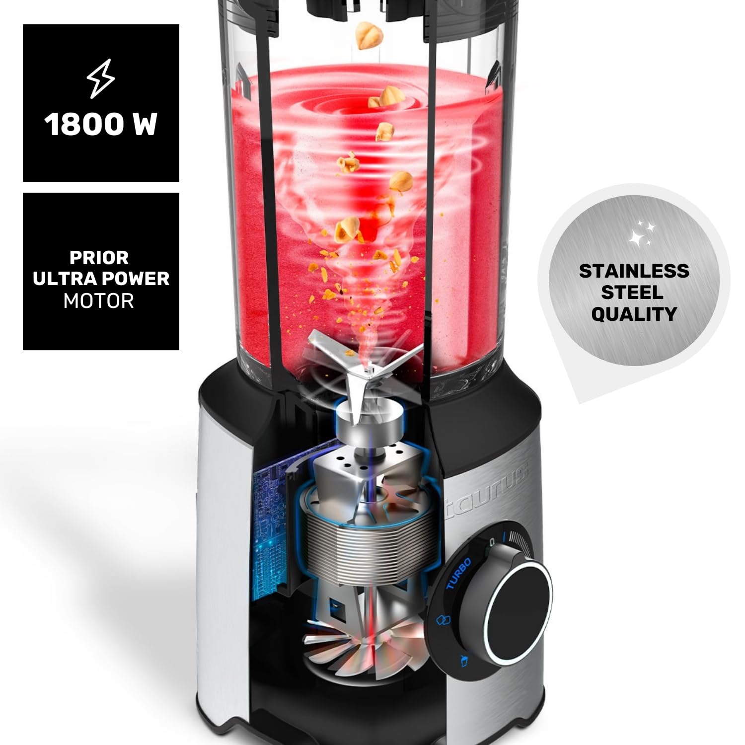 Taurus - Batidora de Vaso Prior 1800W, 20 Velocidades, Turbo + 4 Funciones, Pica Hielo, Smoothie, 6 Cuchillas, Filtro Antipulpa, Vaso Portátil, Apta Lavavajillas, Libre de BPA, Negro/Metálico