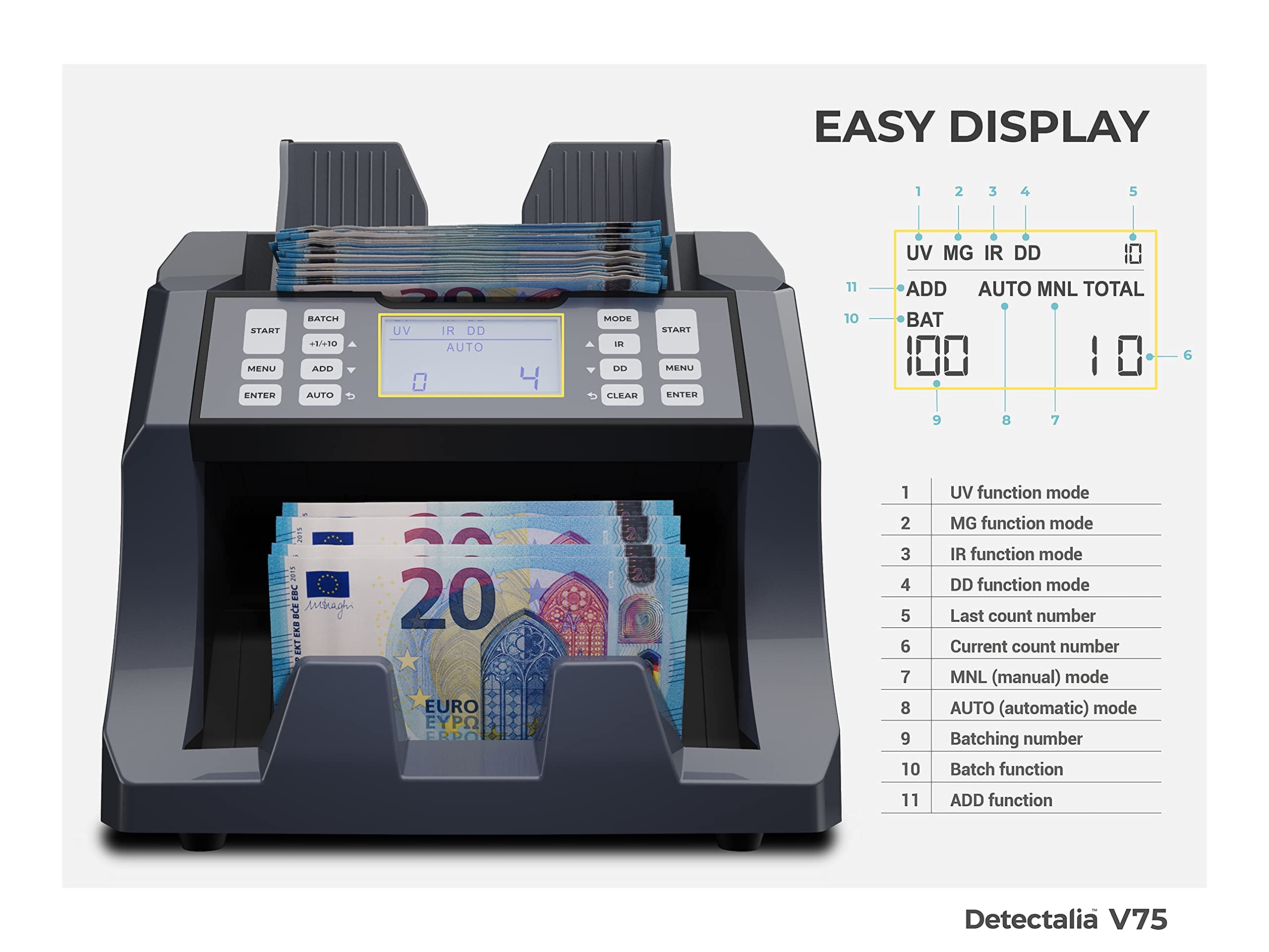 Detectalia V75 - Contador y detector de billetes para cualquier divisa - 27 x 21 x 24 cm