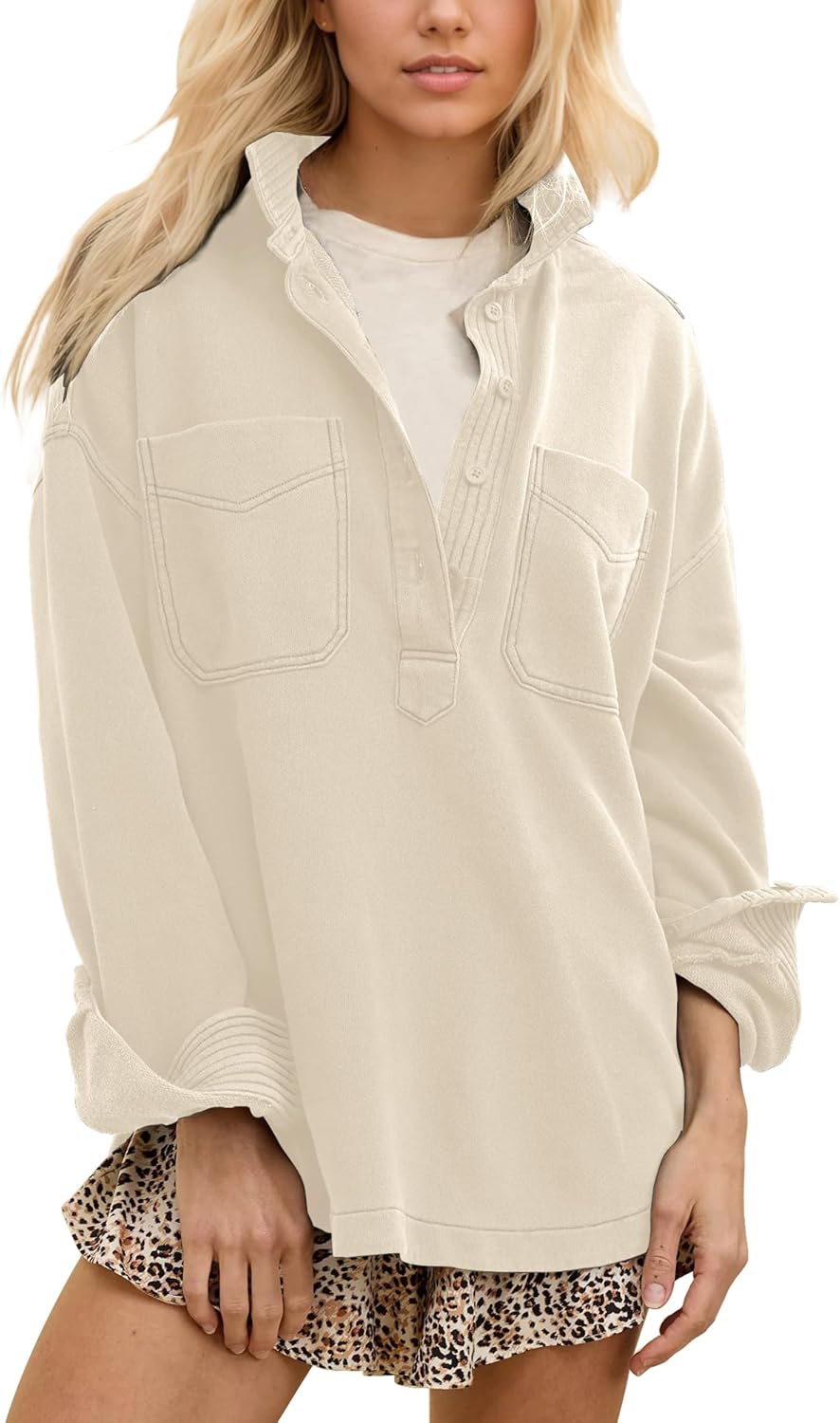 Locachy Women's Casual Oversized Polo Neck Sweatshirt Lapel Long Sleeve Button Pullover Tops Fashion Outfits Clothes