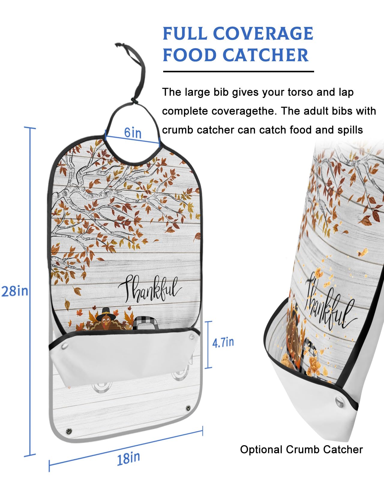 Thanksgiving Turkey Truck Adult Bibs for Eating, Waterproof Bibs with Food Catcher & Adjustable Snap Closure, Black White Plaid Fallen Leaves Wood Clothing Protectors Adult Bibs for Elderly Women/Men