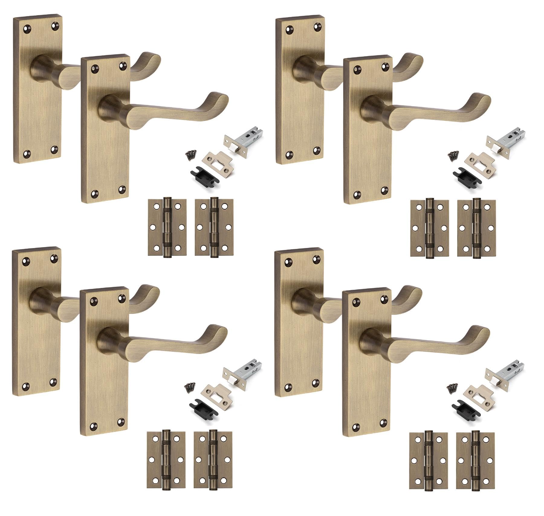 Golden Grace Antique Brass 4 Pairs Victorian Scroll Latch Door Handle 120 X 40Mm With 2.5" Latches & Hinges