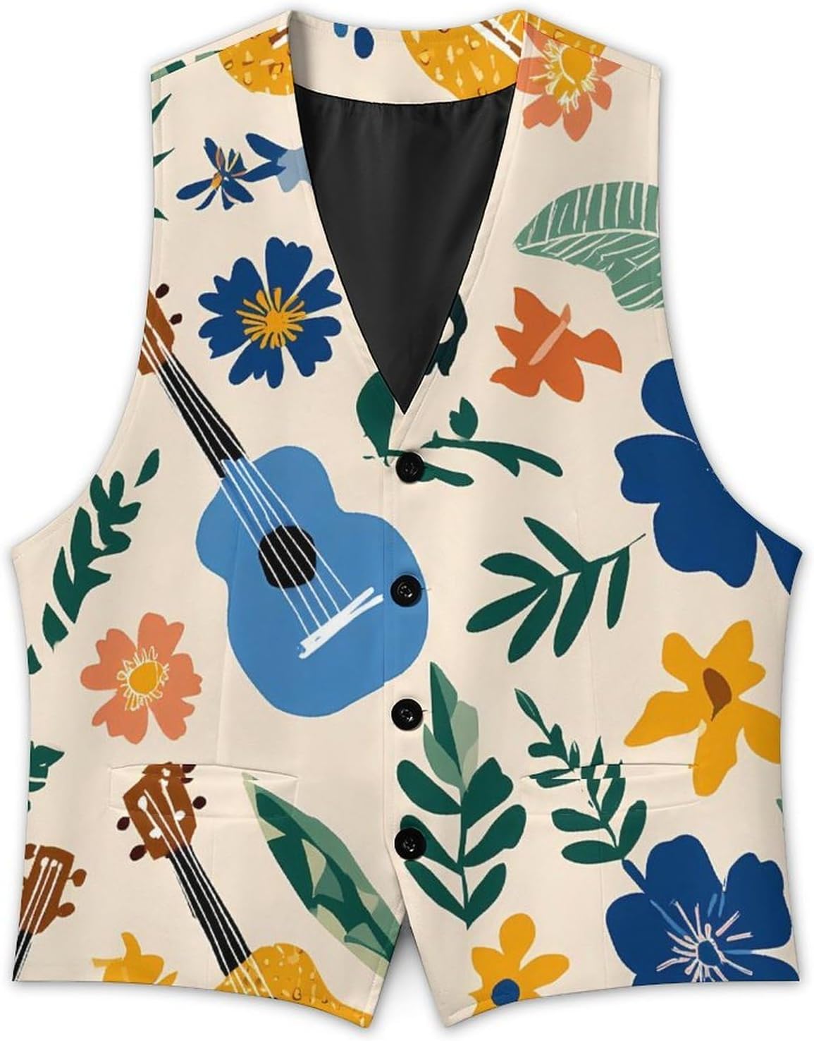 Tropical Ukuleles Pineapple Men Formal Suit Vest V-Neck Button Waistcoat for Business Wedding
