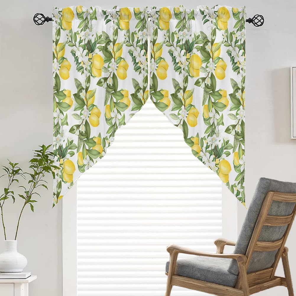 Summer Lemon Swag Valances Flower Leaves Curtain Topper for Kitchen Window