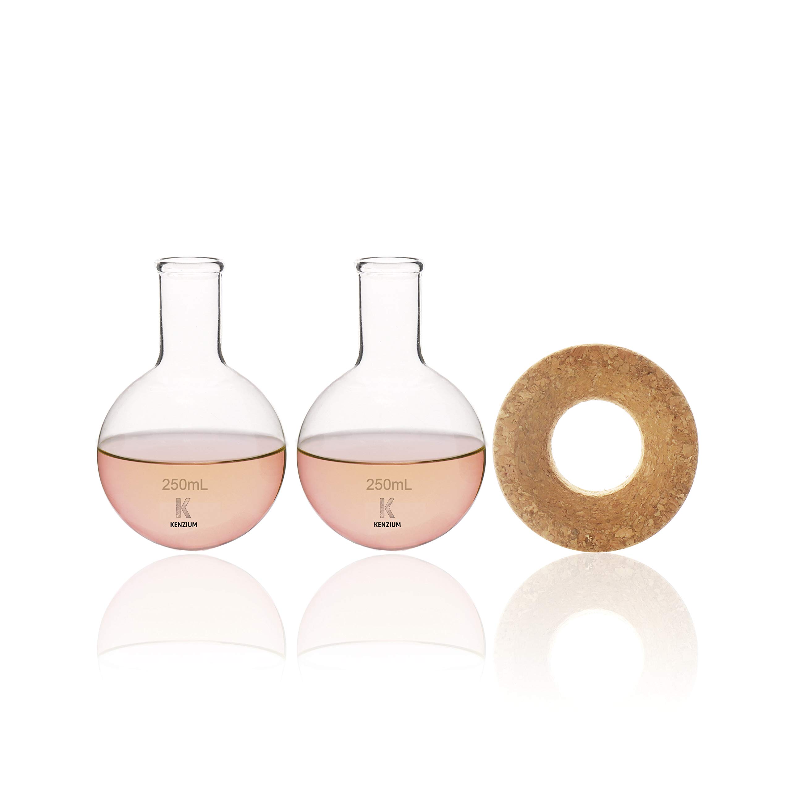 KENZIUM - Pack de 2 Matraces Esféricos de Fondo Redondo + 1 Soporte para Balones | 250 ml | Vidrio Borosilicato 3.3 | Cuello Estrecho | Altamente Resistentes, Ideal para Ebullición