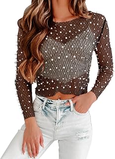 Pullover Women's Lace Unlined Upper Garment Europe and the United States Women Sexy Nail Bead Mesh Lace Unlined Upper Gown Mesh Long Sleeve T Shirts Women's Summer Festival Outfit Women