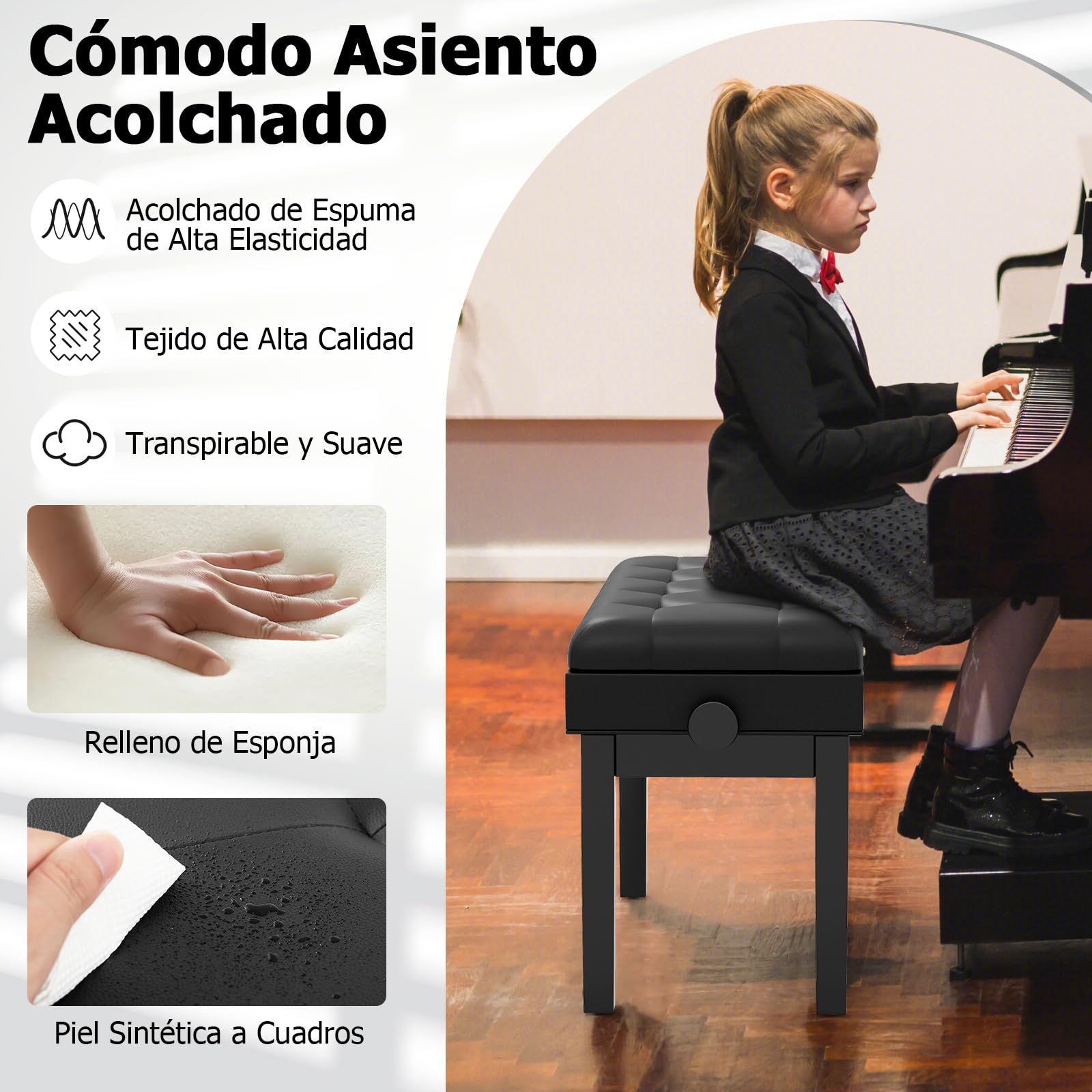 GIANTEX Banco para Piano con Altura Ajustable 48-58 cm, Banqueta Piano Tapizada para 2 Personas, Taburete con Espacio de Almacenamiento y Patas Antideslizantes, Negro