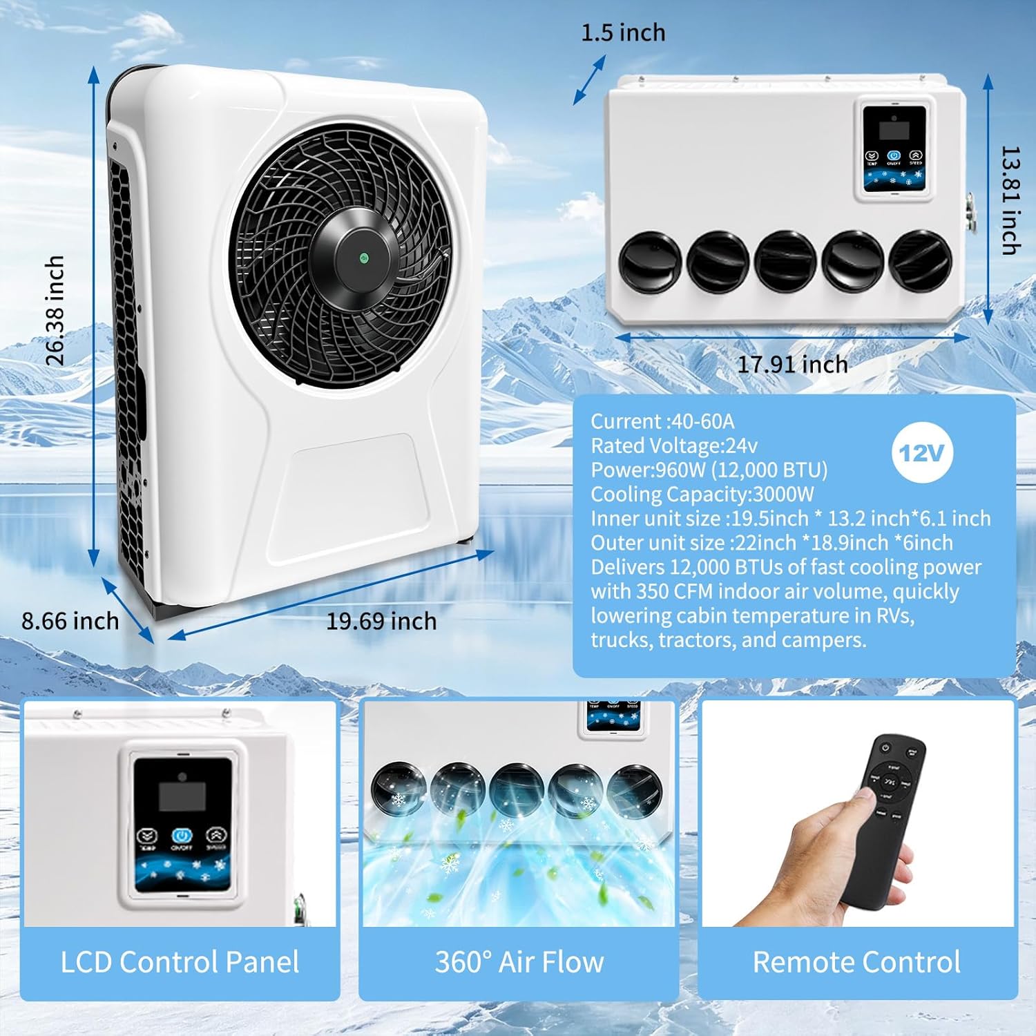 dc 12V Electric RV Truck Air Conditioner，Treeligo Camper A/C Unit 12500 BTU Fast Cooling for Motorhome Bus tractor automotive air conditioner, white