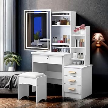 Makeup Vanity with Mirror and Lights,Modern Bedroom Makeup Table Set with Upholstered Stool,Vanity Desk with 4 Drawers & Shelves,3 Color Lighting Brightness Adjustable,White