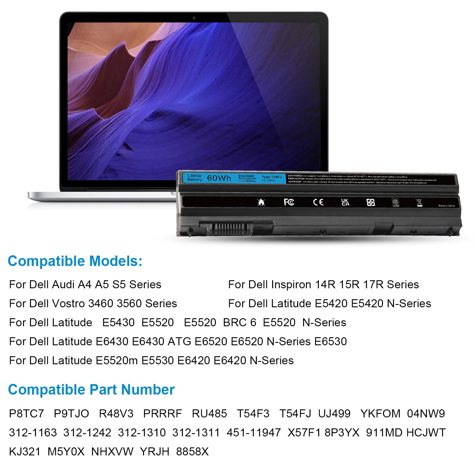 ASUNCELL 11.1V/60Wh T54FJ Batteria del computer portatile per Dell Latitude E5420 E5420 E5430 E5520 E5530 E6420 E6430 E6520 E6530 Series, Audi A4 A5 S5 Series, Dell Inspiron 14R 15R 17R