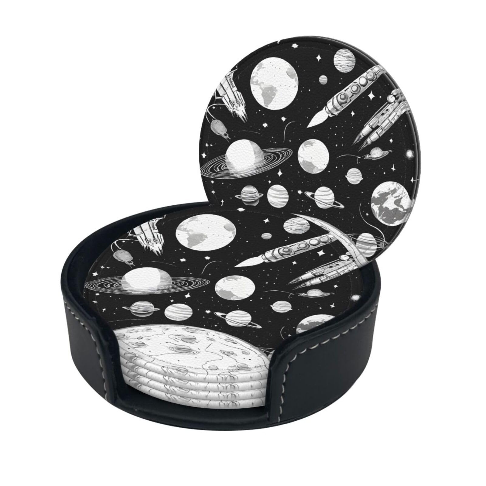 Astronaut and Alien Print Coaster,Round Leather Coasters with Storage Box for Wine Mugs,Cold Drinks and Cups Tabletop Protection (6 Piece)