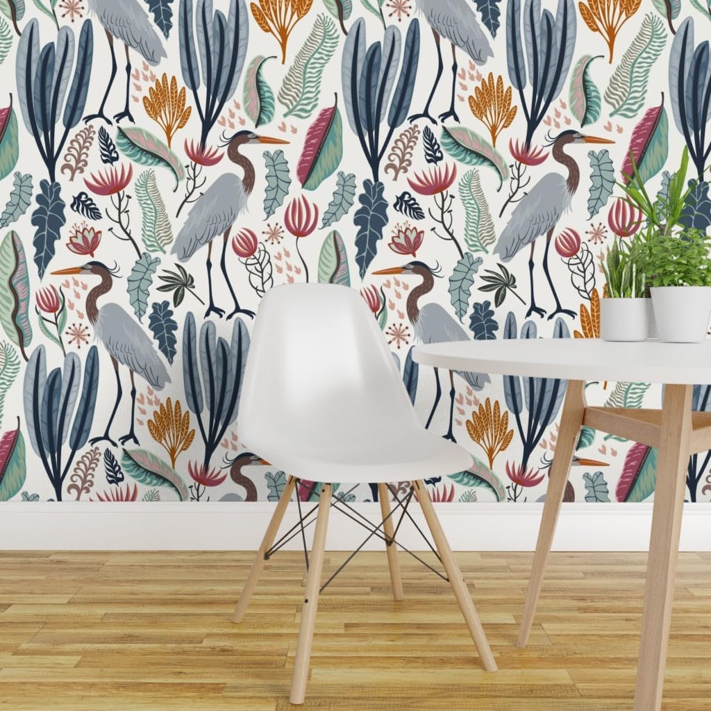 Removable Wallpaper 9ft x 2ft - Heron Botanical Large Scale Cranes Marshland Habitat Custom Pre-Pasted Wallpaper by Spoonflower