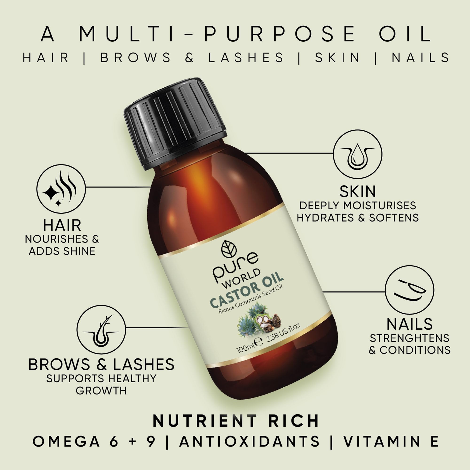 Pure World Natural Castor Oil 100ml. Cold & Freshly Pressed 100% Pure and Undiluted Hexane Free for Eyebrows, Nails, Beard, Hair, Eyelash Growth Cruelty Free Food Grade — view 4