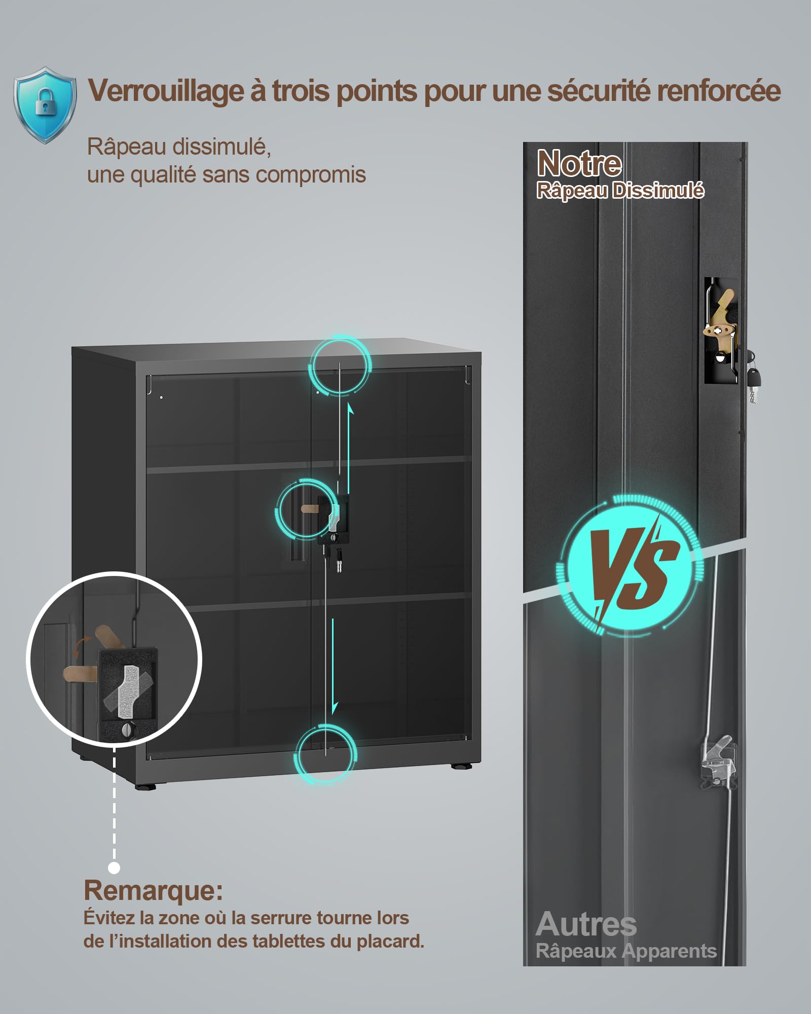 LAND·VOI Armoire en Acier 3 Niveaux avec Serrure Étagères Réglables Portes Battantes Armoire de Bureau Rangement Métallique pour Bureau Garage Cuisine Atelier 80×40×91.5 cm Noir