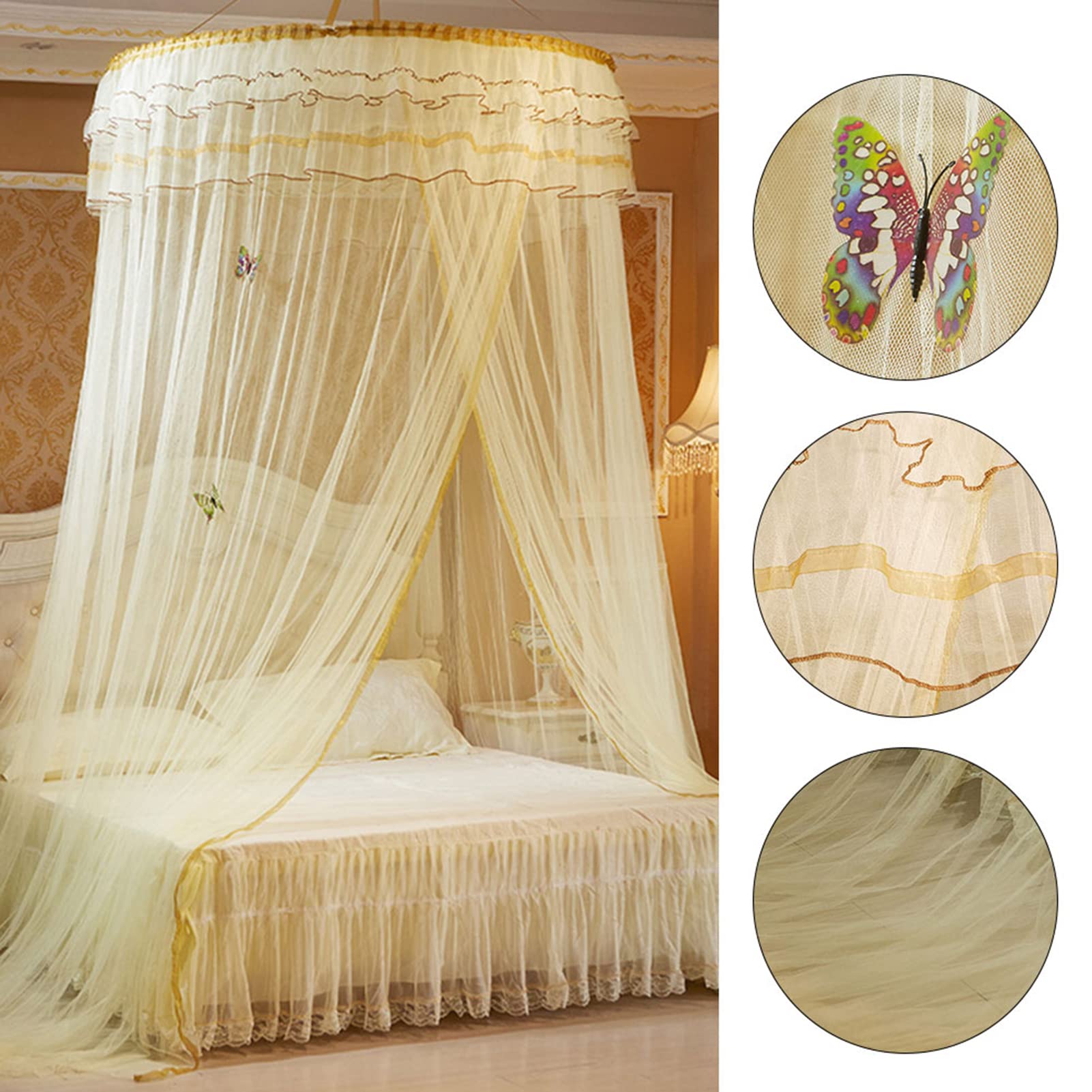 Toldo De Cama Poliéster Toldo Cama De Bebé Toldo De Princesa Encaje Estilo Princesa Mosquitero para Cuna para Cama De Niños Y Camas De Adultos(Beige)