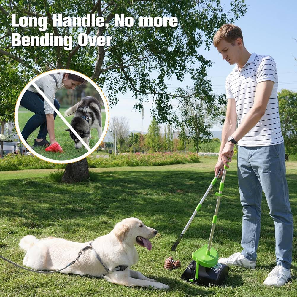 Pooper Ramasse-Crottes Pivotant et Râteau avec 100 à Déjections, Poignée en Acier Inoxydable pour Chiens de Grande, Moyenne et Petite Taille