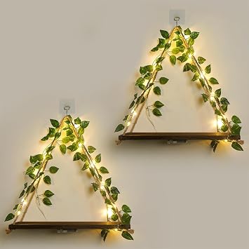 Wall Shelves, Floating Shelves No Drill, Command Shelf, Wall Decor | 2-Pack Hanging Shelves,Renter Friendly Shelves,Trinket Shelf,Room Decor, with Artificial Ivy Vines and LED Strip Lights