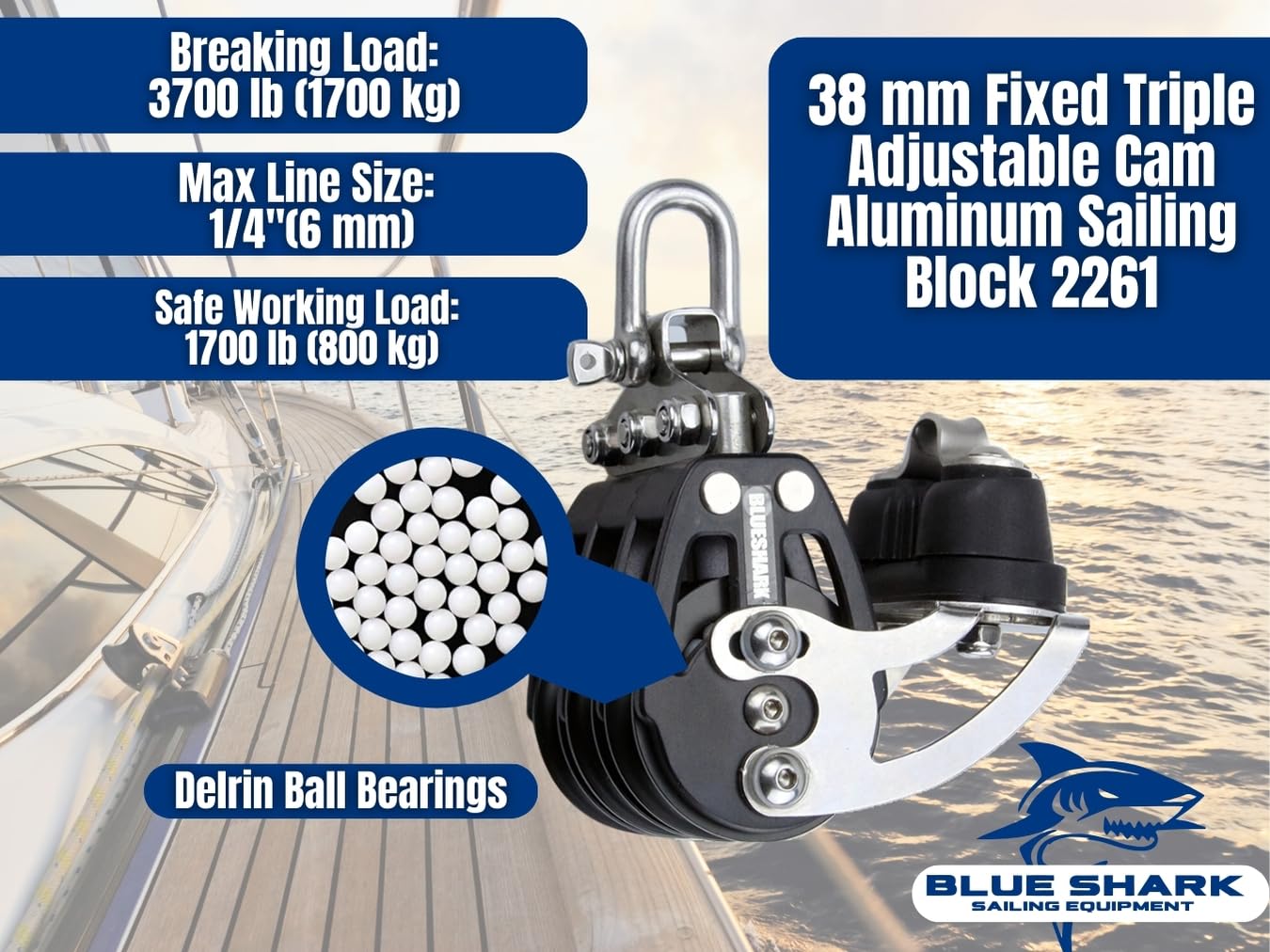 Blue Shark 2261-38 mm Fixed Triple Adjustable Cam Aluminum Sailing Block - Max Line: 1/4” (6 mm), Safe Working Load (SWL): 1700 lbs, Breaking Load: 3700 lbs (5-Pack)