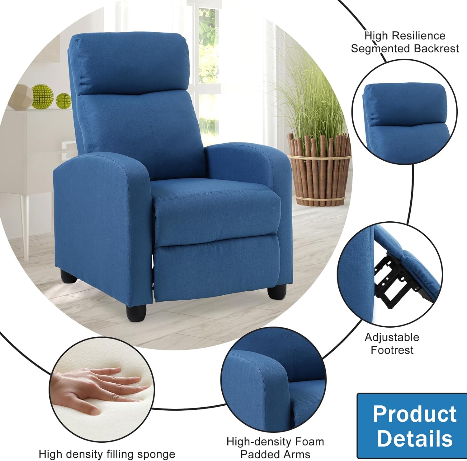 Recliner Chair for Living Room, Fabric Sleeper Chairs for Adults, Adjustable Comfortable Chair Single Sofa Chair Reading Chair for Bedroom with Footrest (Leather, Blue)