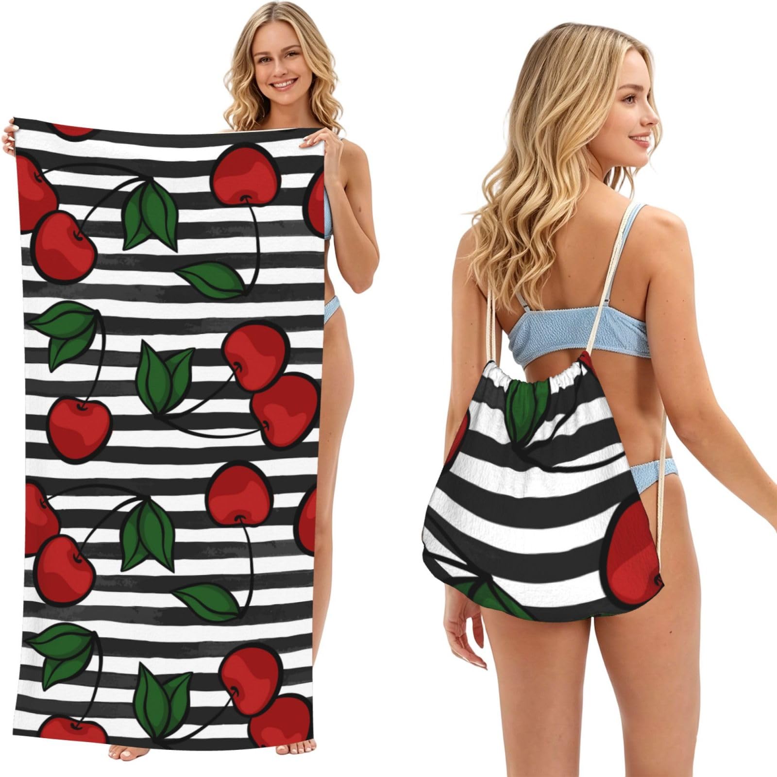 Poadnly As Picture With Cherry On Black And White, 2 In 1 Packable Towel Bag, Beach Towels With Drawstring Backpack For Travel Holiday Camping