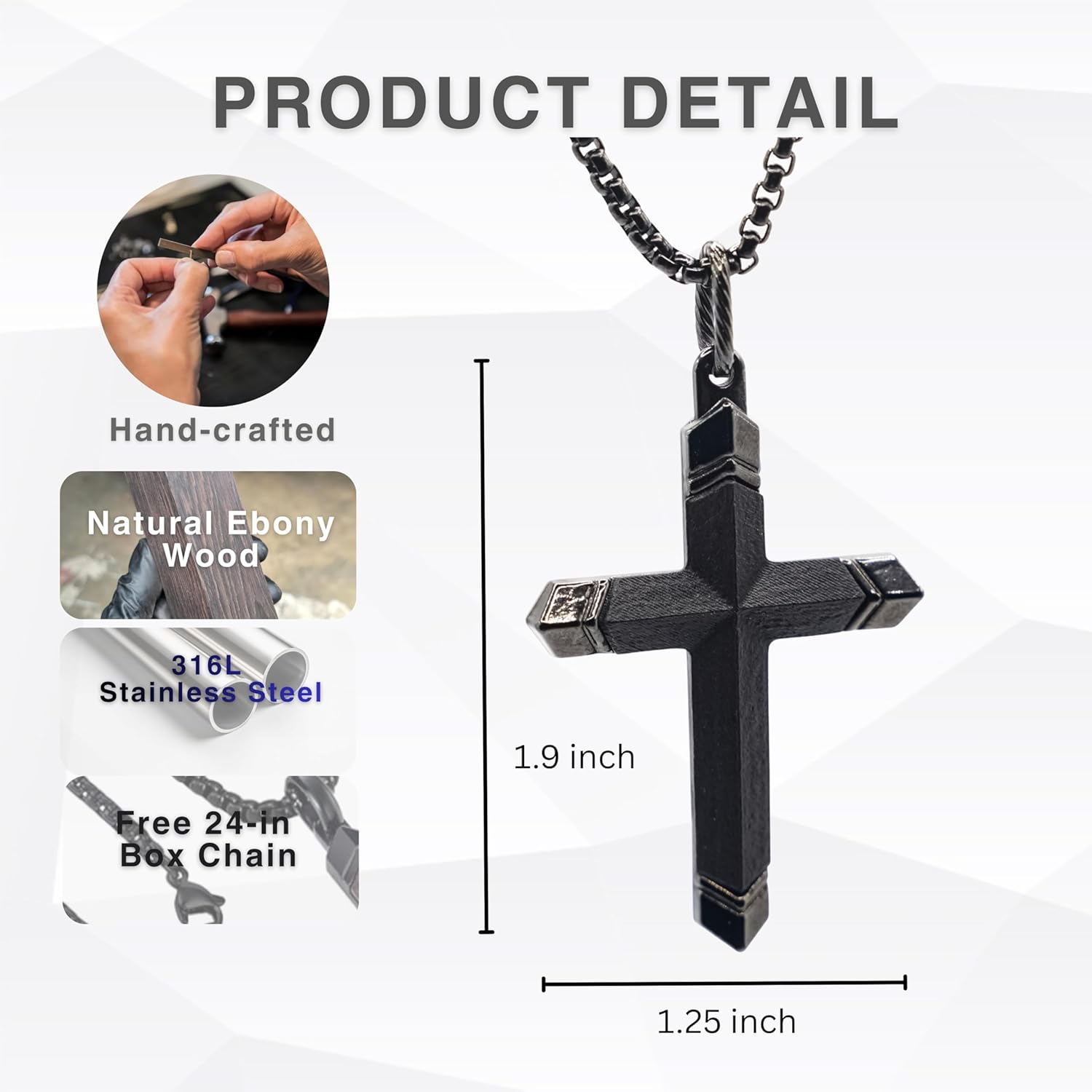 PERDANA Mens Cross Necklaces - Wooden Cross Necklace For Men - Stainless Steel Gift For Husband, Father, Son, Brother, Easter, Birthday, Includes Necklace 24" Box Chain - Image 2