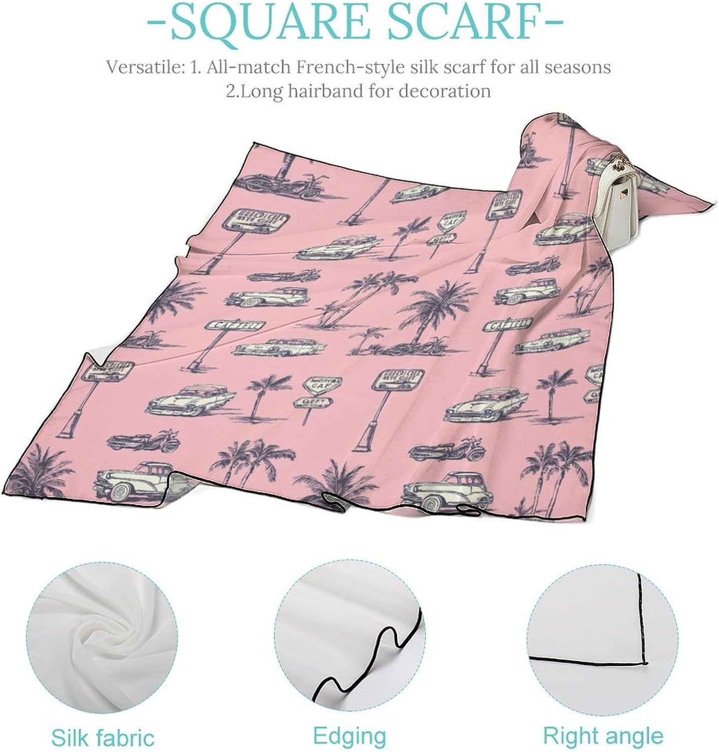 Classic-Car Beach Palm Trees Bandana Fashion Head Scarf Square Silk Scarf Print Neck Hair Scarfs for Women Men Gifts