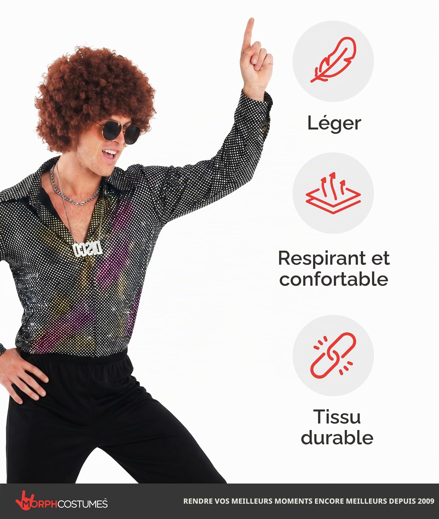 Morph Chemise Homme Disco, Paillettes, Déguisement Années 80, Costume Carnaval Homme