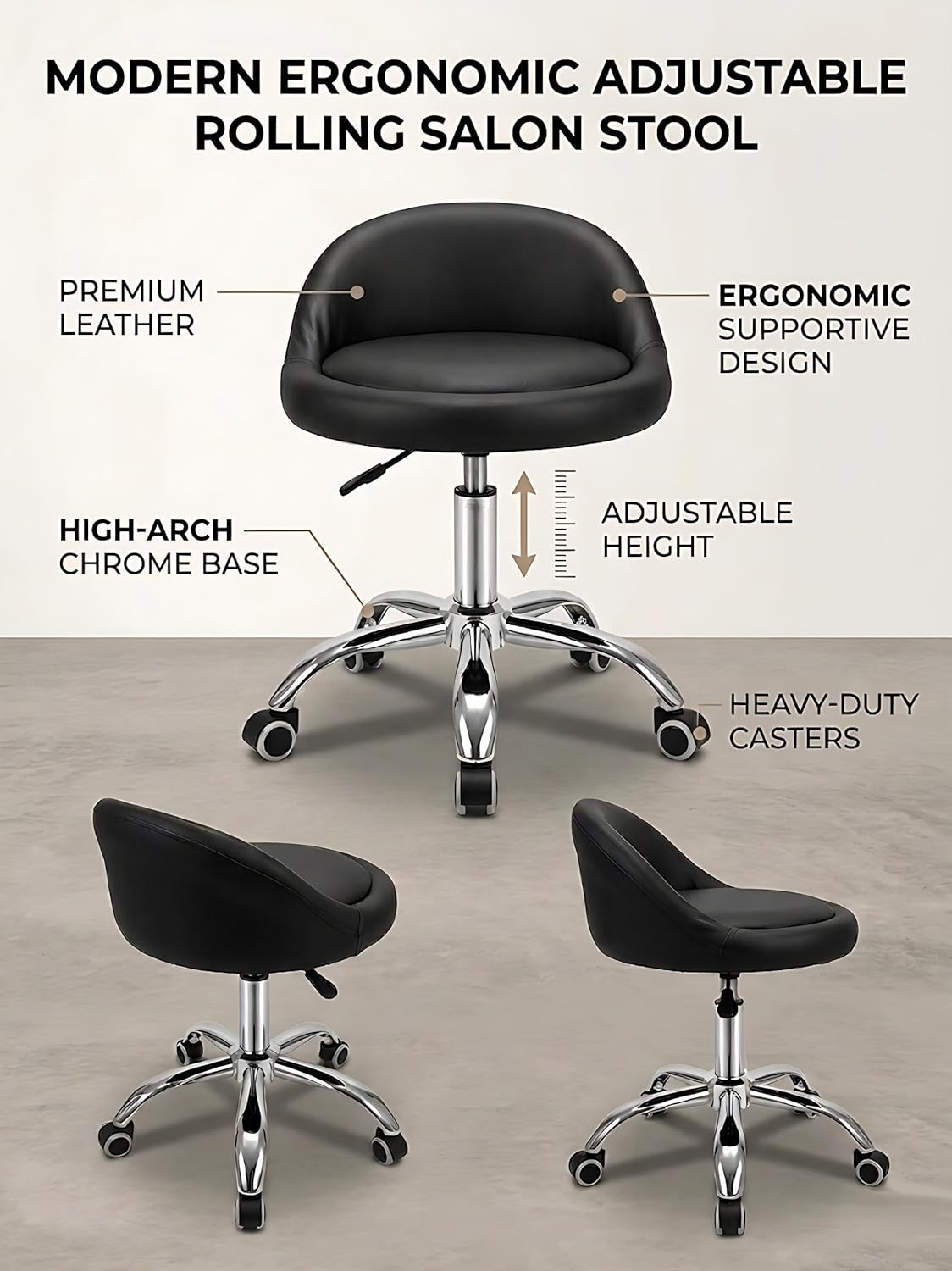 combofix Adjustable Rolling Stool with Backrest, 15" Round PU Leather Swivel Stool, Heavy Duty 400lbs Office Chair with Wheels, for Salon Tattoo Drafting Work SPA Massage Home Office, Black