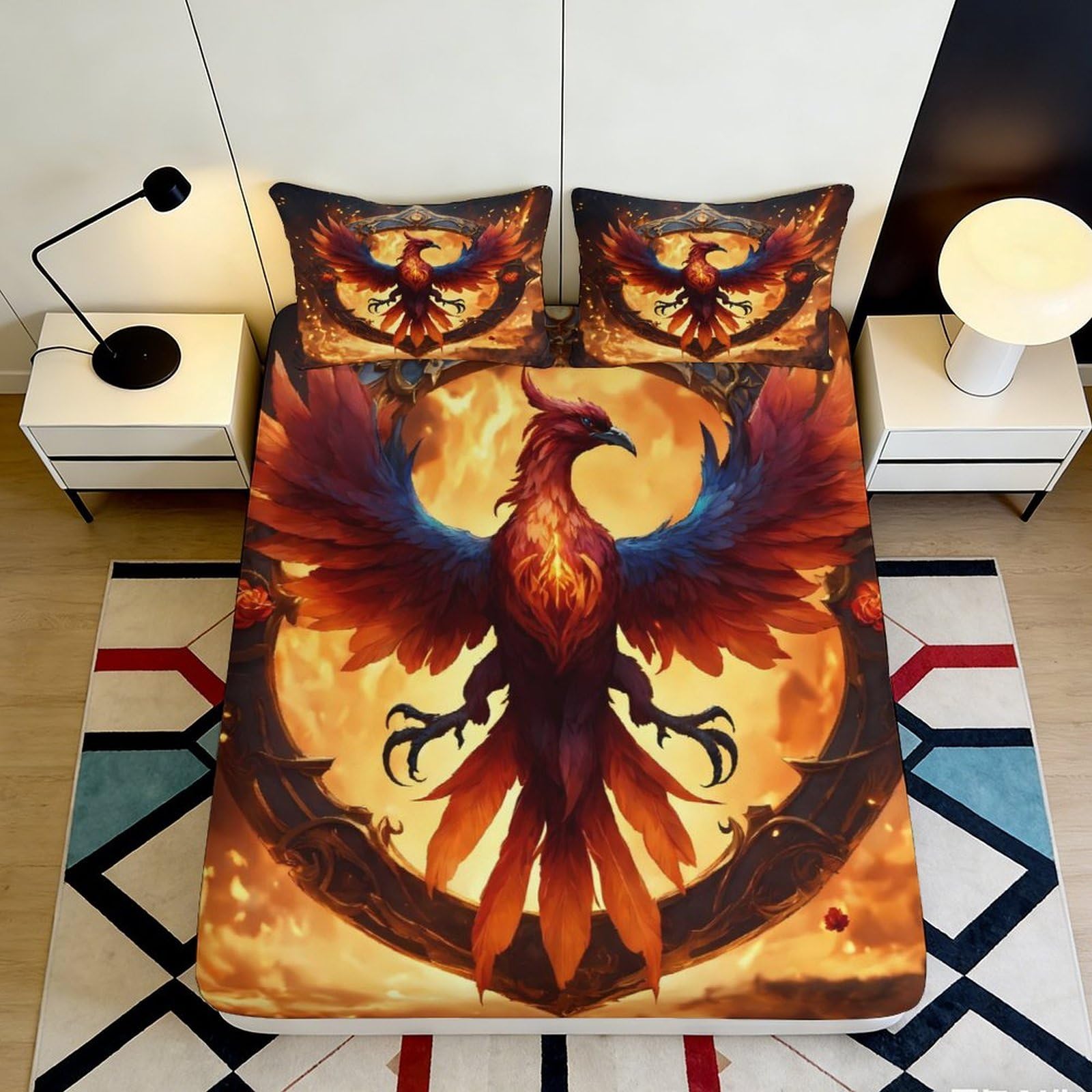 3D Printed Phoenix Fitted Sheet Soft Microfiber Deep Pocket Bed Fitted Bedroom Flame Mattress Fitted Cover Non-Slip for Adults Teens 180x200x25cm