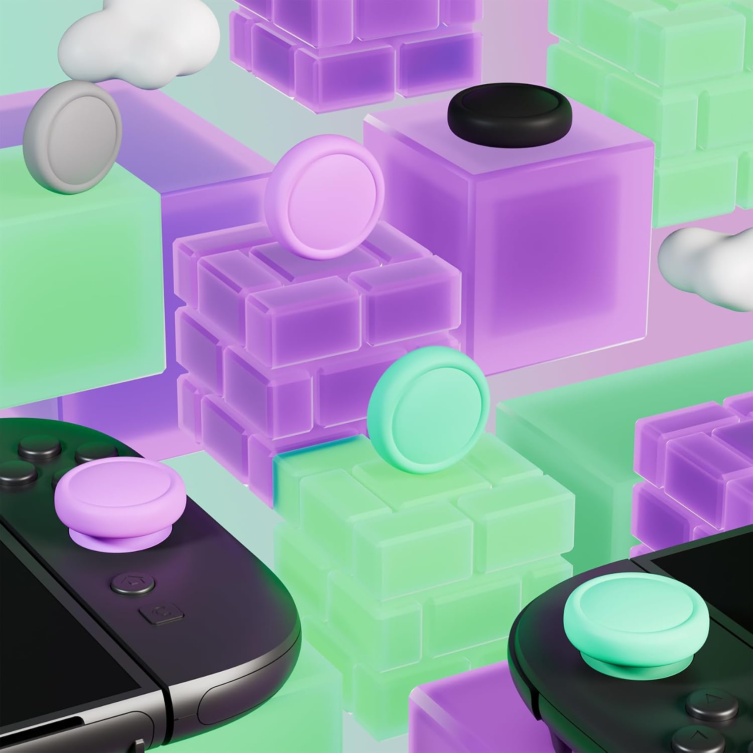 PlayVital Thumb Grips for Nintendo Switch 2, 8-Pack Silicone Joystick Caps for Joycon 2, Cute Accessories Comfort Thumbstick Grip Covers - Soft Violet & Mint Green & Black & Gray