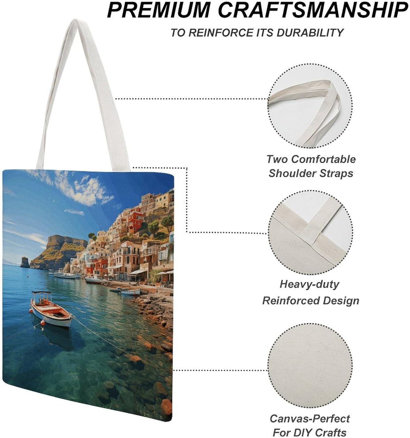 Seaside Town Canvas Tote Bag Reusable Grocery Bags Foldable Soft Cotton Shoulder Carry Bag