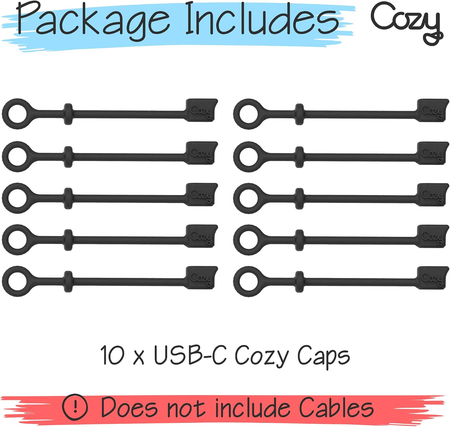 Cozy USB C Cable Caps, Dust Protection Covers with Tether, Travel Portable, Black, 10 Pack