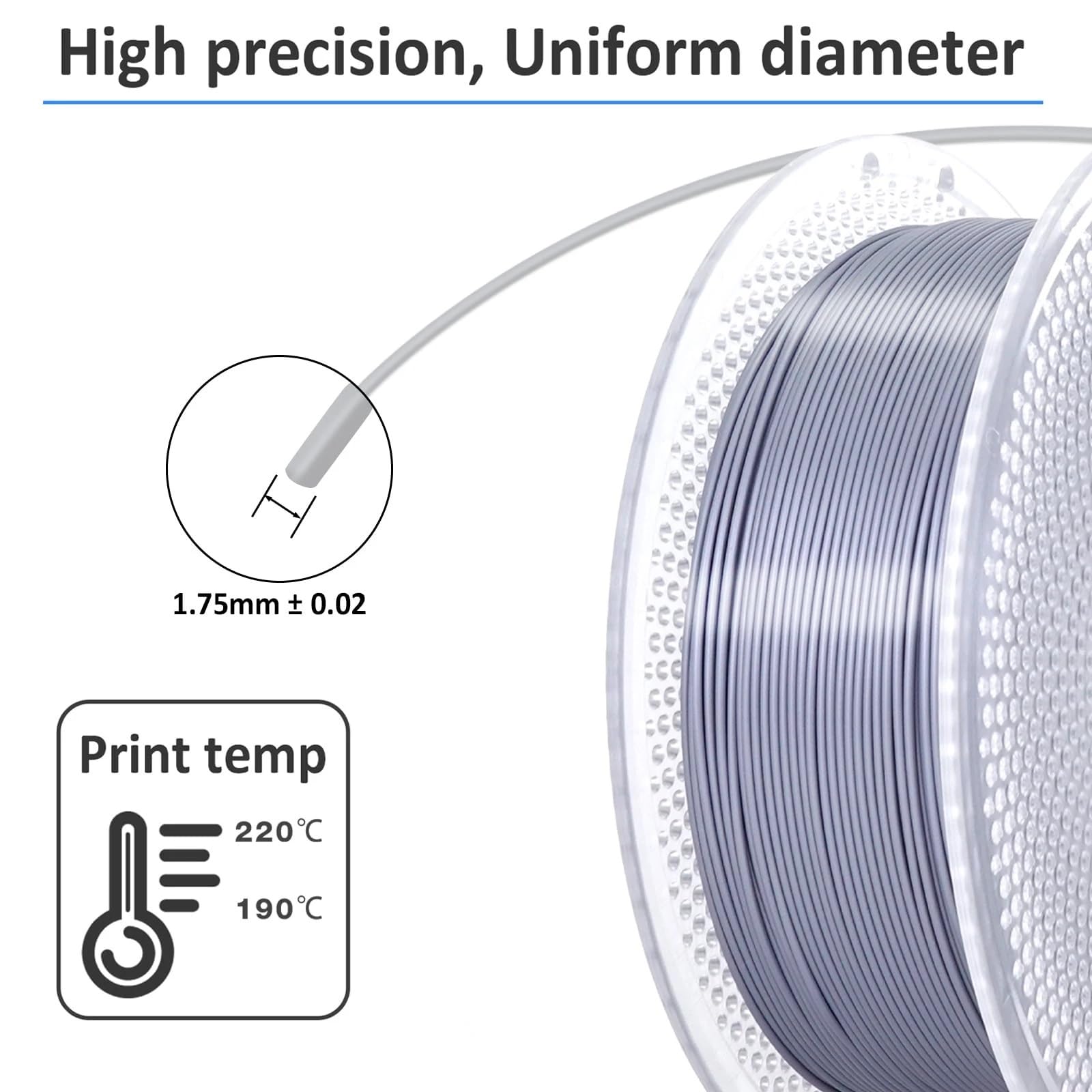 Compatible con Bambu Lab, compatible con Creality – Filamento for impresora 3D PLA Silver Silk de 1,75 mm y 1 kg, textura brillante
