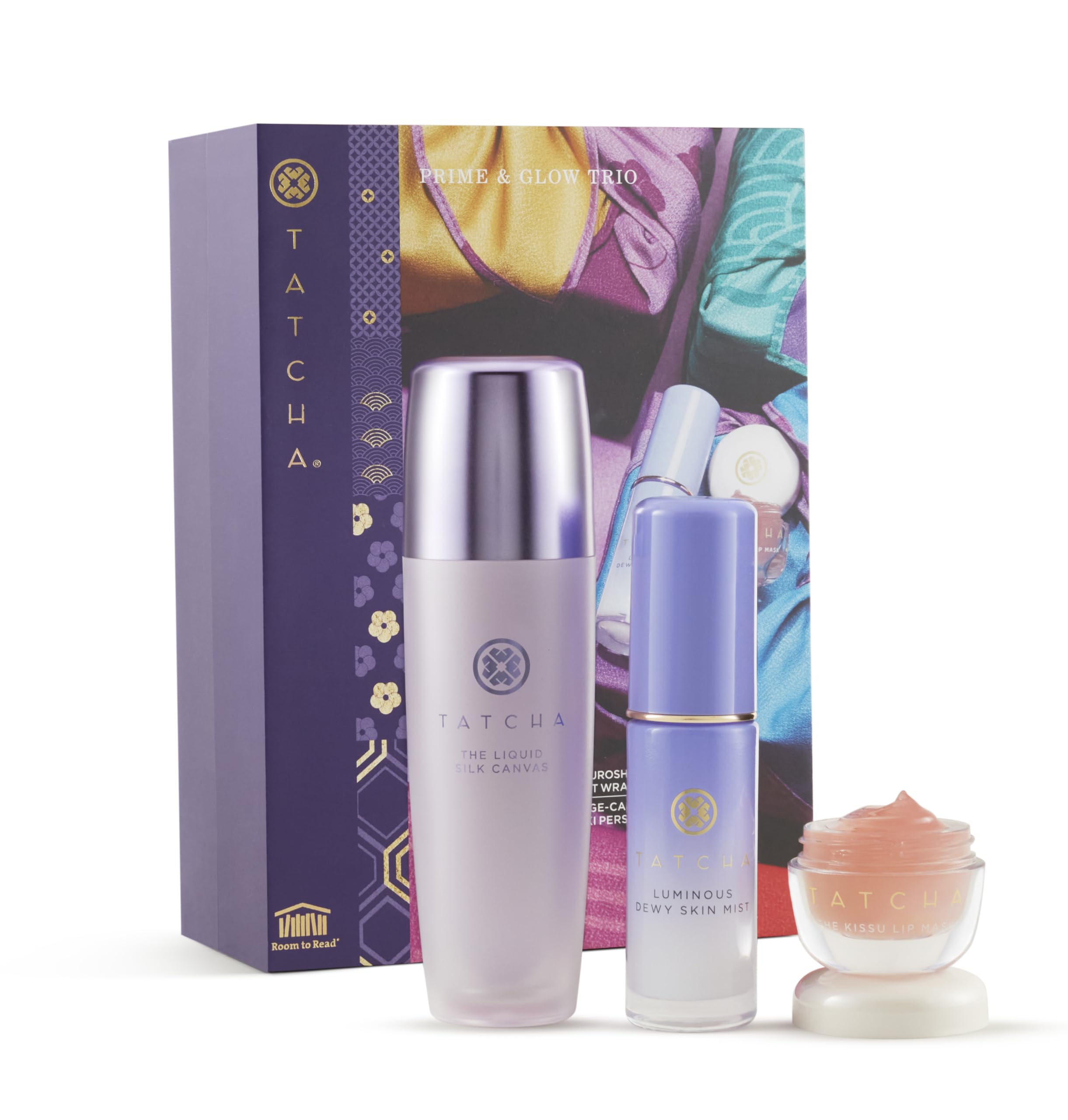 Tatcha Protect and Prime Trio | Liquid Silk Canvas, Mini Dewy Skin Mist, and Kissu Lip Mask, Purple