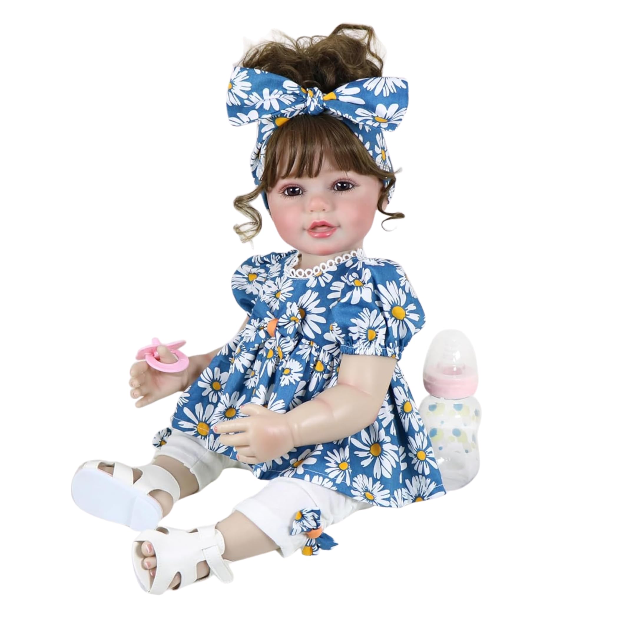 Sweet Daisy Dreams Reborn Toddler Doll – 22” Lifelike Poseable Doll with Rooted Brown Hair, Soft Full Vinyl Body & Daisy Outfit – Includes Pacifier,