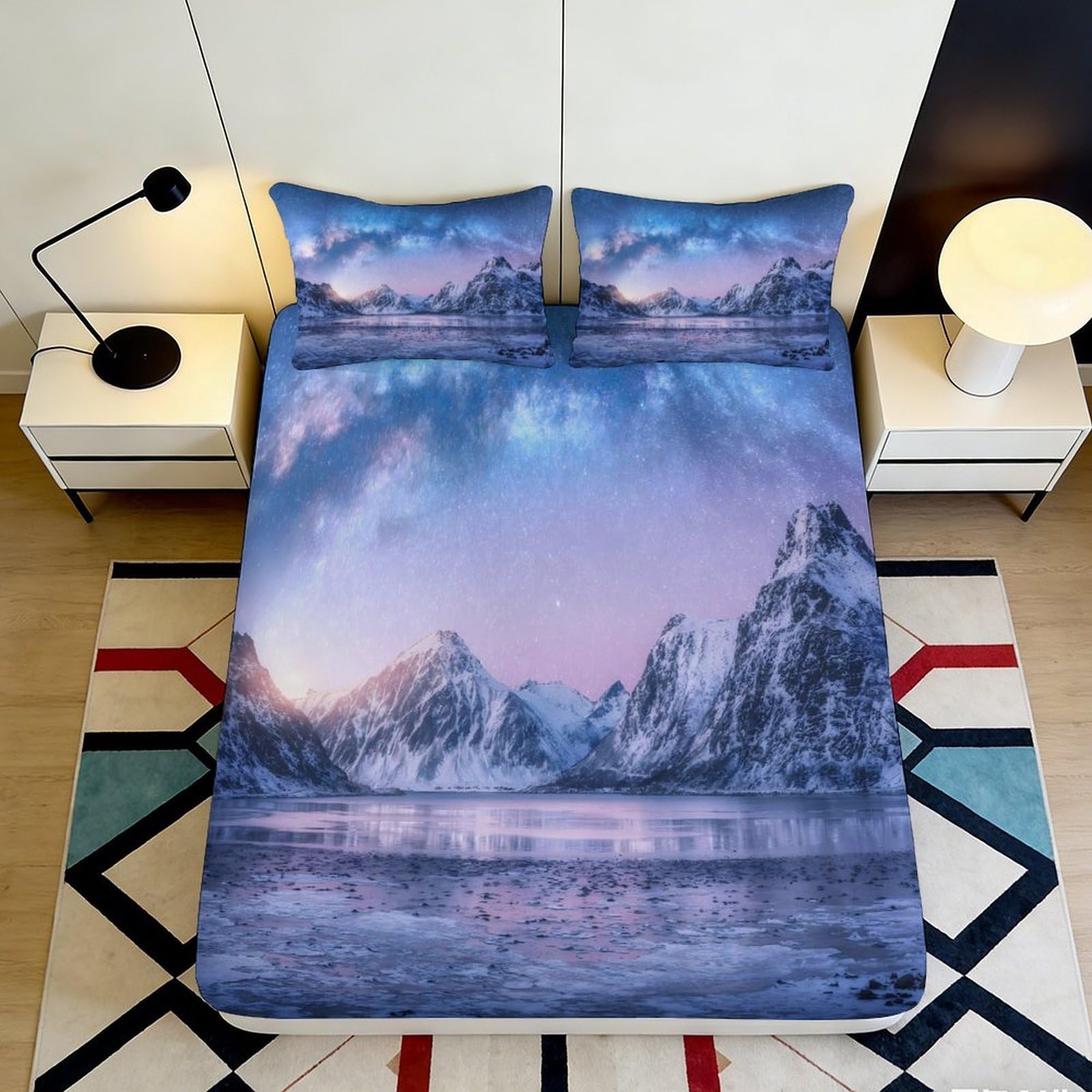 3D Printed Aurora Mountain Fitted Sheet Microfiber Soft Breathable Lake Landscape Mattress Cover for Bedroom Decor 90x200x25cm