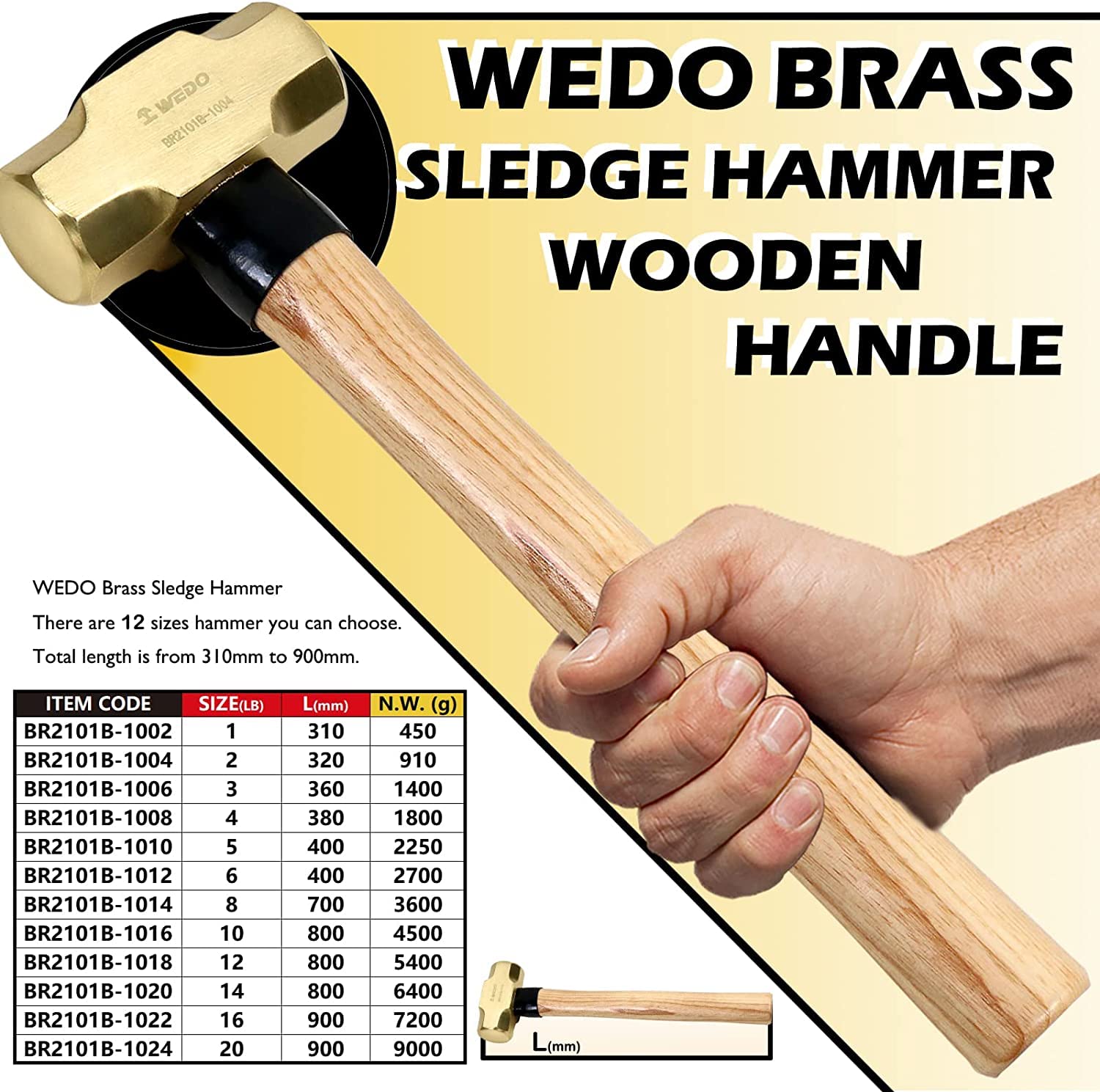 WEDO Martillo con mango de madera, cabeza de martillo de latón 2lb, 320 mm de longitud