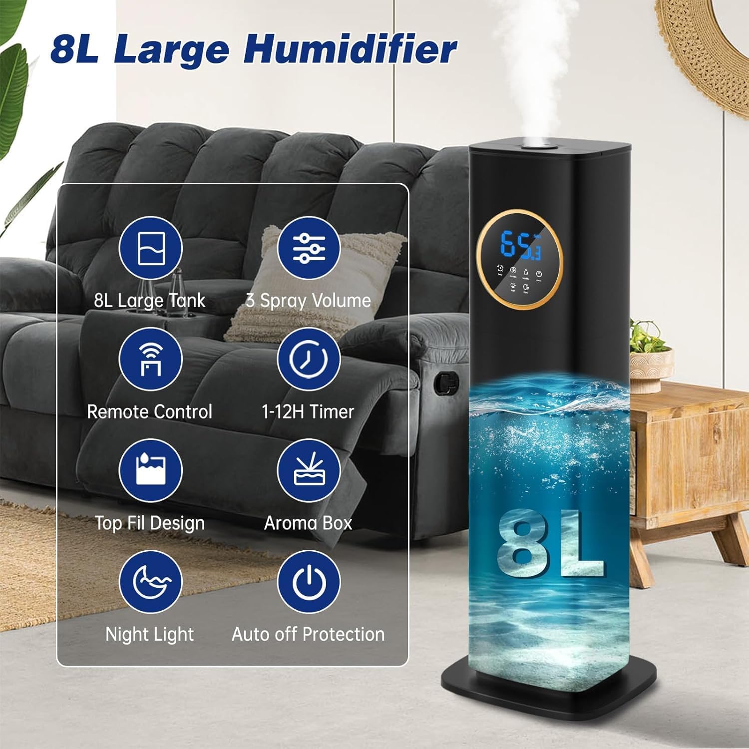 LACIDOLL Humidifiers for Bedroom 500 sq ft, 2.1Gal/8L Humidifier large room with Night Light & Essential Oil Diffuser, Top Fill Large Room Humidifiers for Home Baby Nursery Office Plants, Black