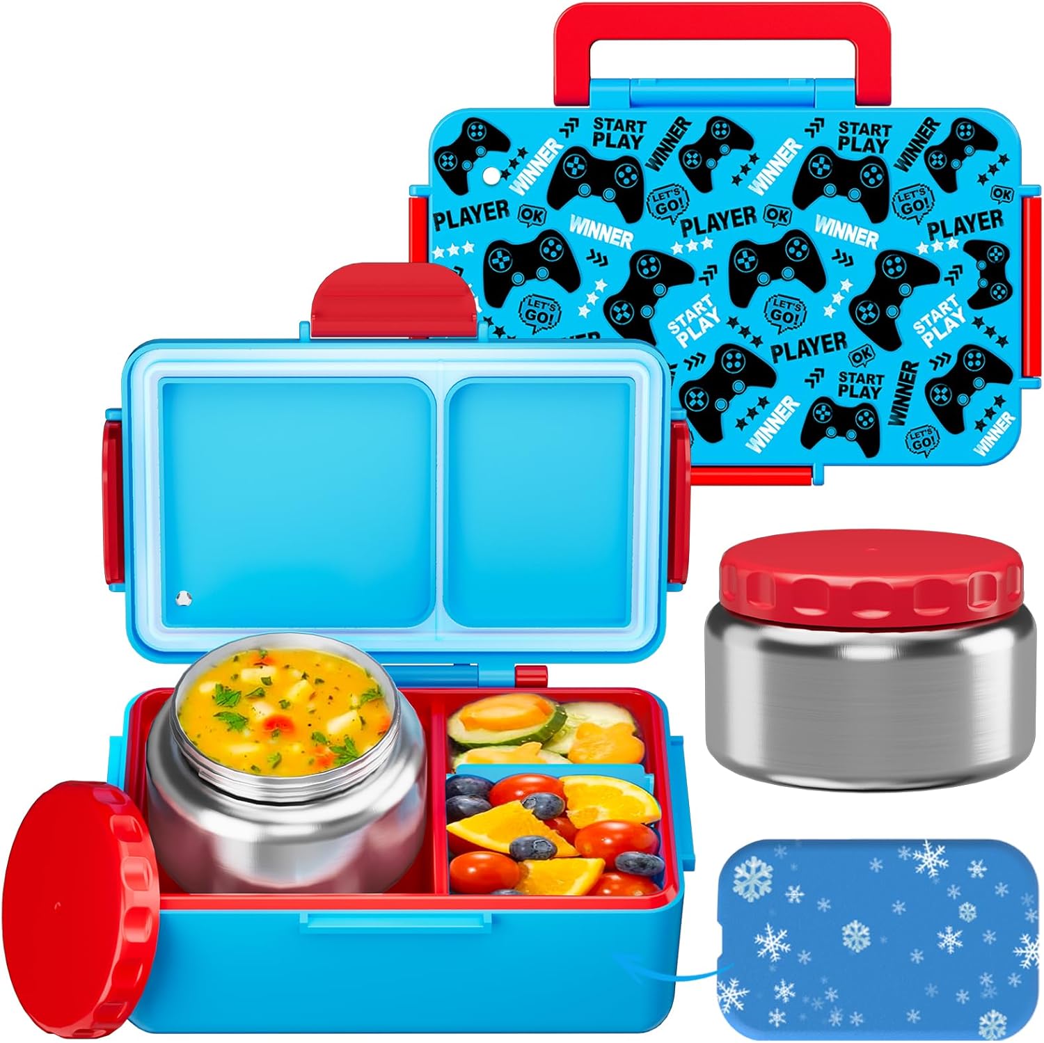 Kids Bento Lunch Box – 12 oz Stainless‑Steel Soup Thermo & 3‑Compartment Leak‑Proof Food Container with Built‑In Ice Pack, Insulated Food Jar for Boys & Girls, School & Travel