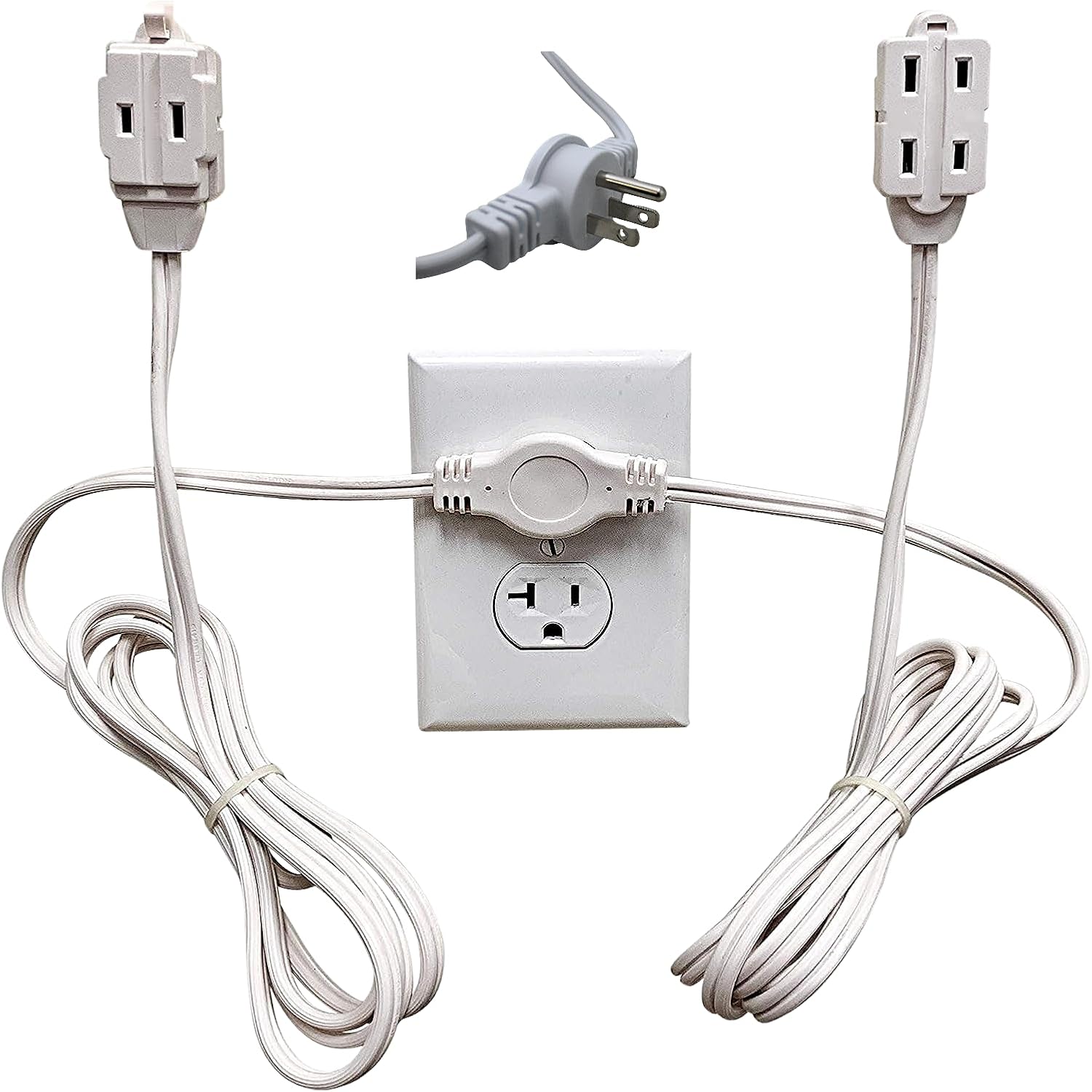 12 Ft Twin Extension Cord – Low Profile Flat Plug with 6 Outlets, 6 Ft on Each Side – ETL Listed Indoor Power Splitter for Home, Office, Bedroom – White