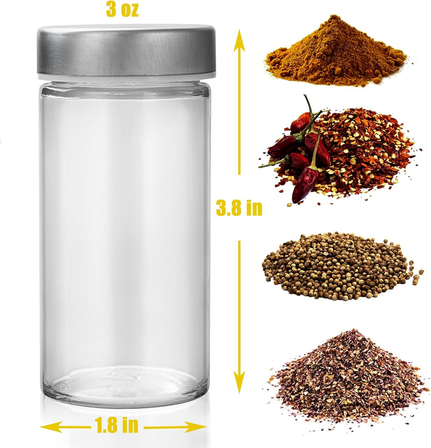 6 Pcs Glass Spice Jars/Bottles for Rotating Spice Rack-3oz Empty round Spice Containers with Airtight Metal Caps with Shaker Lids (6, Stainless Steel Lids) - Image 3
