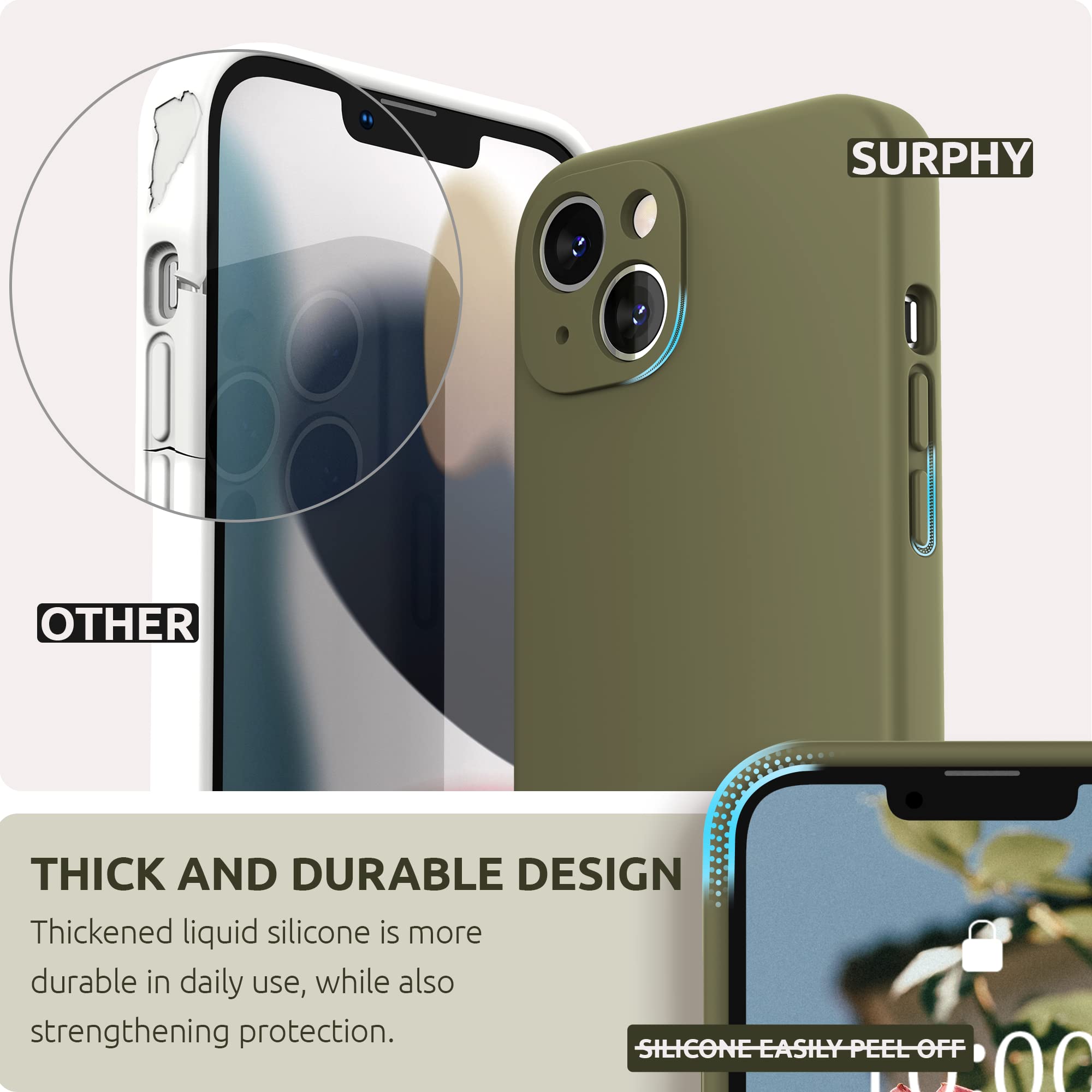 SURPHY Cover per iPhone 13 con Vetro Temperato (6,1"), Custodia per iphone 13 Silicone con Protezione Fotocamera, case protezione Completa,Antiurto, Morbida Microfibra Antigraffio (Verde kaki)