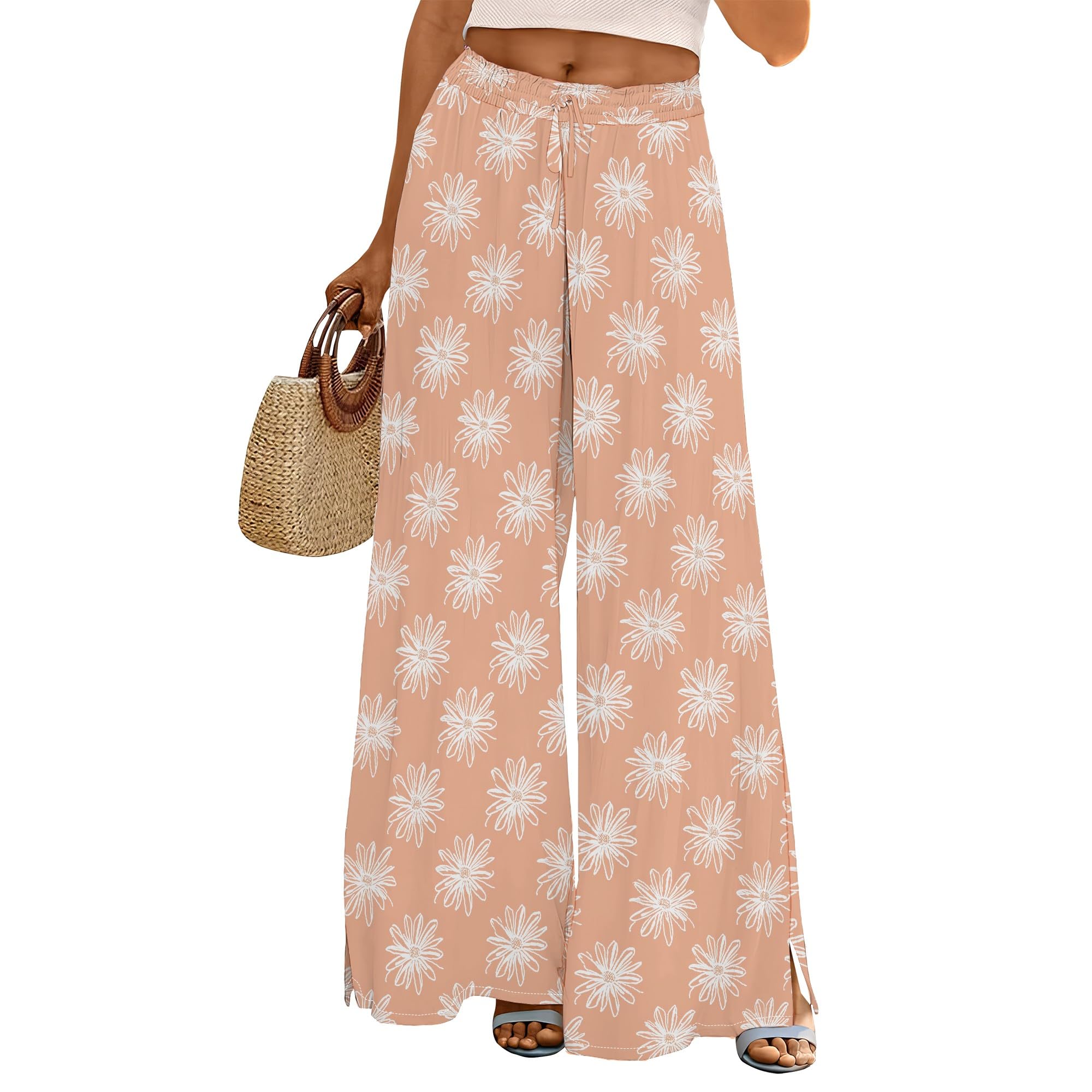 MARSVOVO Wide Leg Pants Floral Print Flowy Elastic High Waist Cute Lounge Pants Women