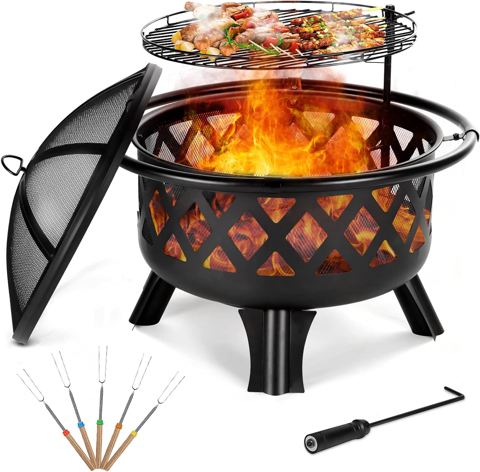 SUNLIFER Wood Burning Fire Pit: 30" Outdoor Fire Pits with Spark Screen Cooking Grate Poker | Patio Bonfire BBQ Grill Firepit Bowl for Backyard Camping Picnic
