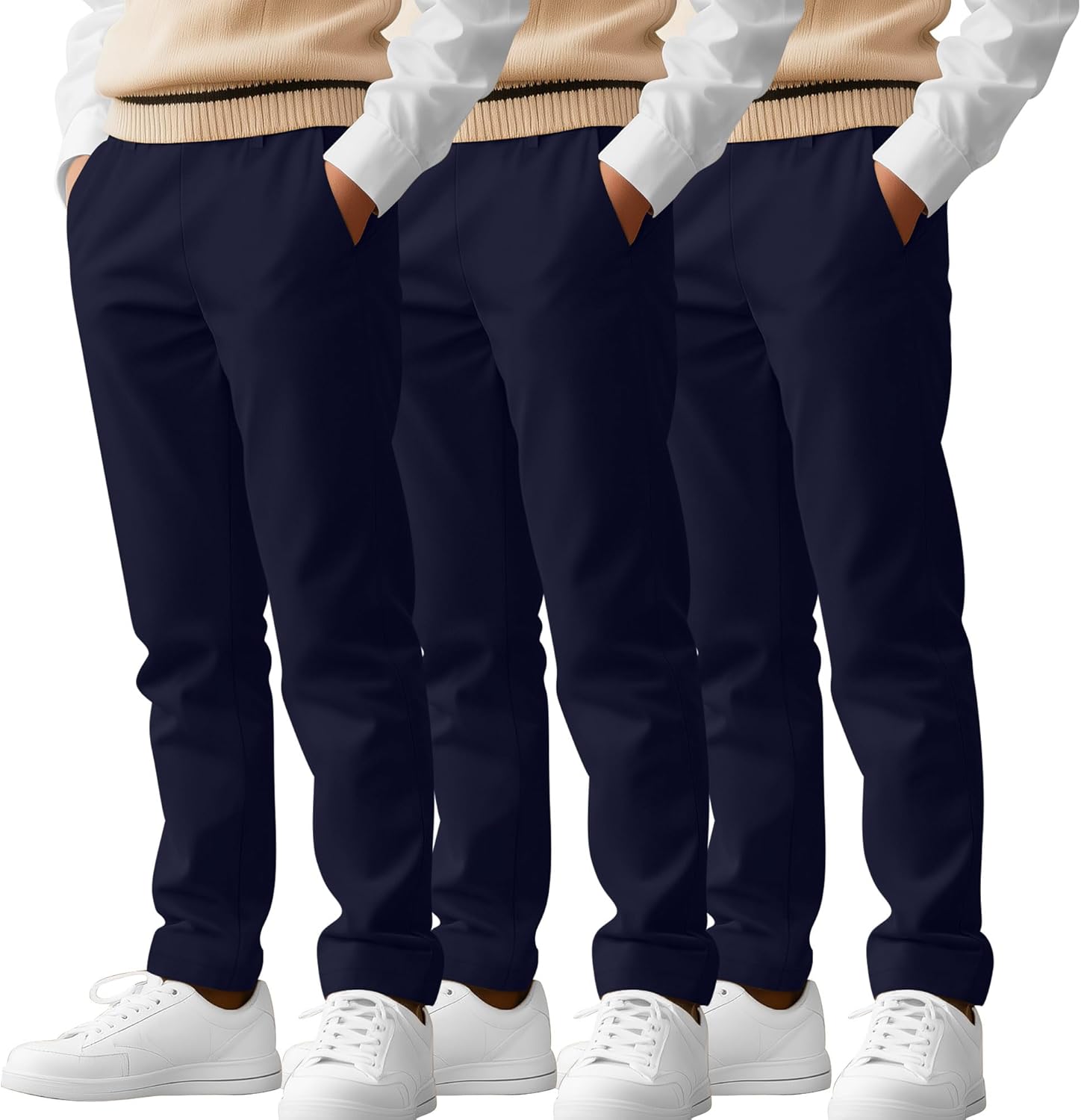3 Pack Boys' School Uniform Pants 6-14Y Elastic Waist Stretch Youth Trousers with Pockets Straight Fit for Kids