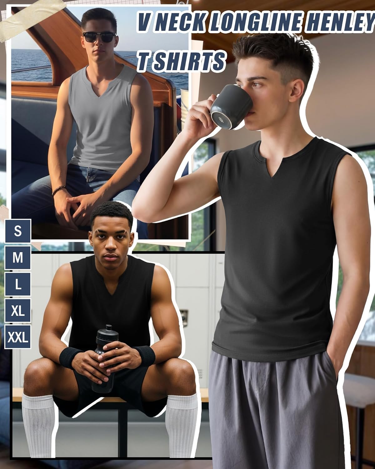 Riyiper 3 Pack Men's Sleeveless Tank Tops, V Neck Longline Henley T Shirts Casual Basic Muscle Shirts Stretch Athletic Tee