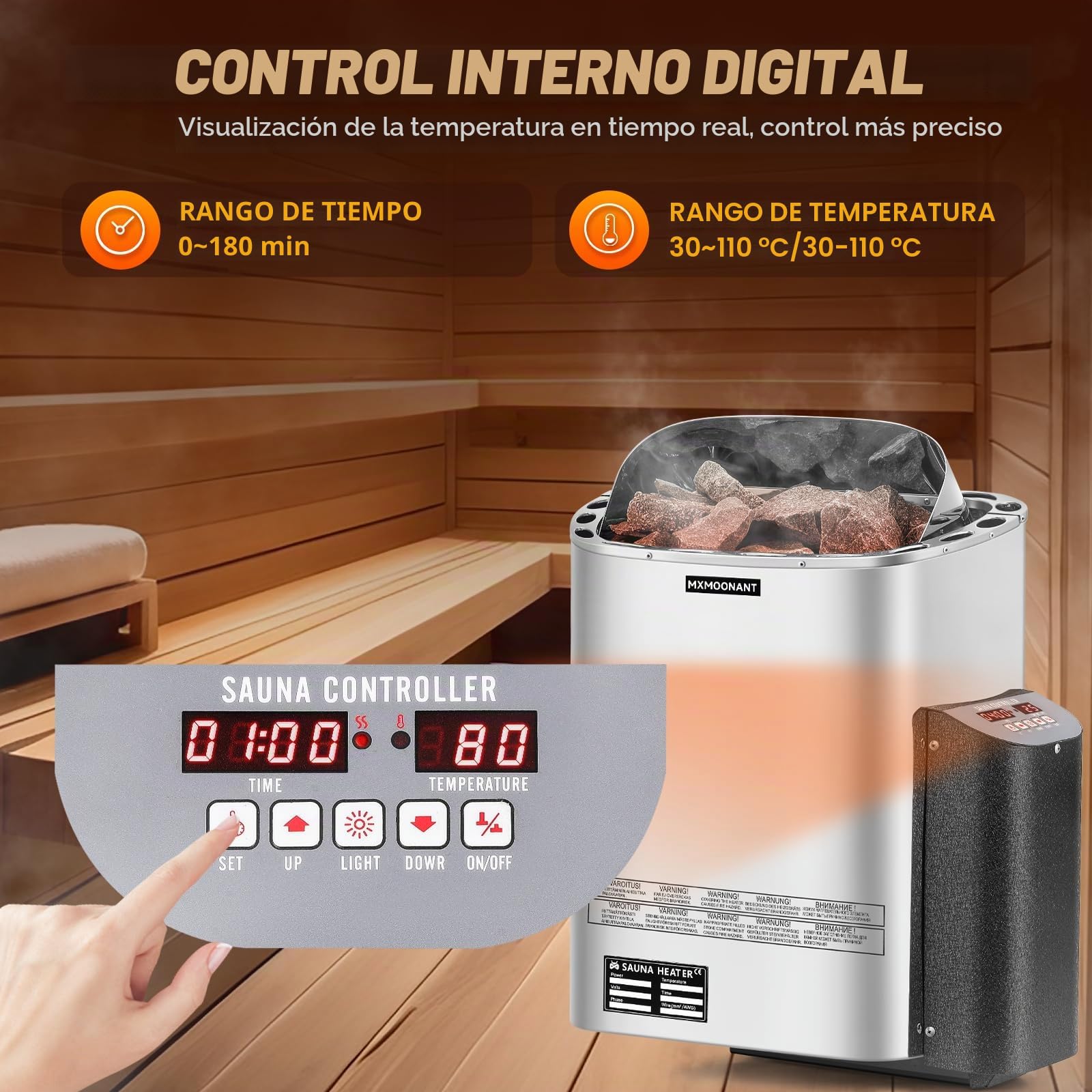 Mxmoonant 6KW Calentador de Sauna, Control de Pantalla Digital, para Casa, Hotel, Spa, Max 9 m³, con Higrotermógrafo Sauna