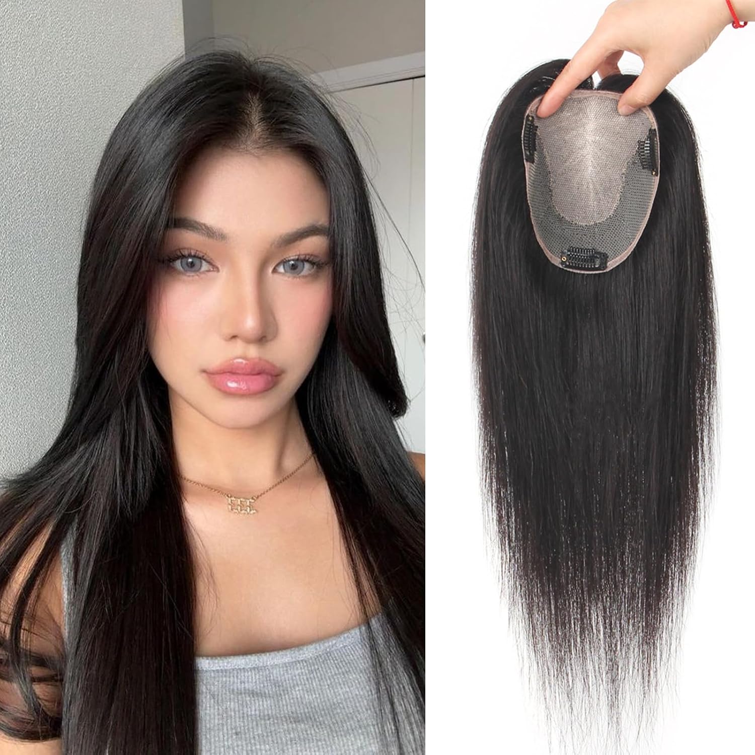 10 Inch Real Human Hair Toppers for Women - No Bangs, 12x13cm Large Silk Base, 150% Density, Clip-In Topper with Natural Skin Scalp, Wiglet Hairpiece for Thinning Hair